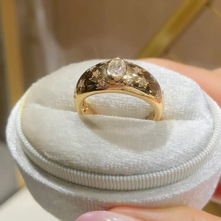 Star Celestial Domed Ring | Lab Grown Diamond | 14K Yellow Gold Cigar Band