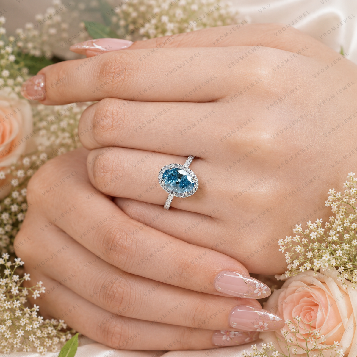 Blue Oval Lab Grown Diamond Ring, 2 Carat Blue Diamond Engagement Ring, Oval Cut Halo Ring, Pavé Diamond Halo, Classic Bridal Ring
