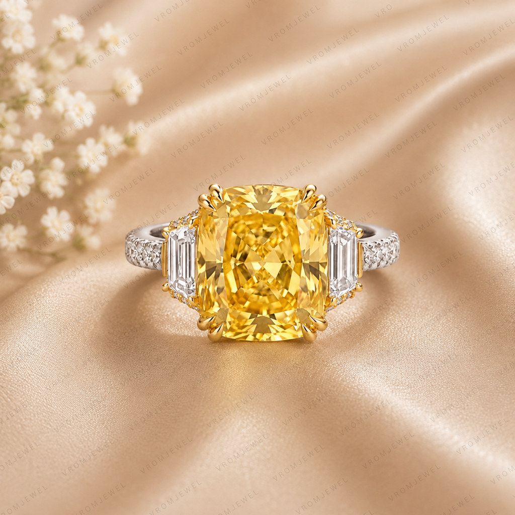 Yellow Cushion Lab Grown Diamond Ring, Cushion Cut Engagement Ring, Three Stone Diamond Ring, Solid Gold Diamond Ring, Yellow Diamond Ring