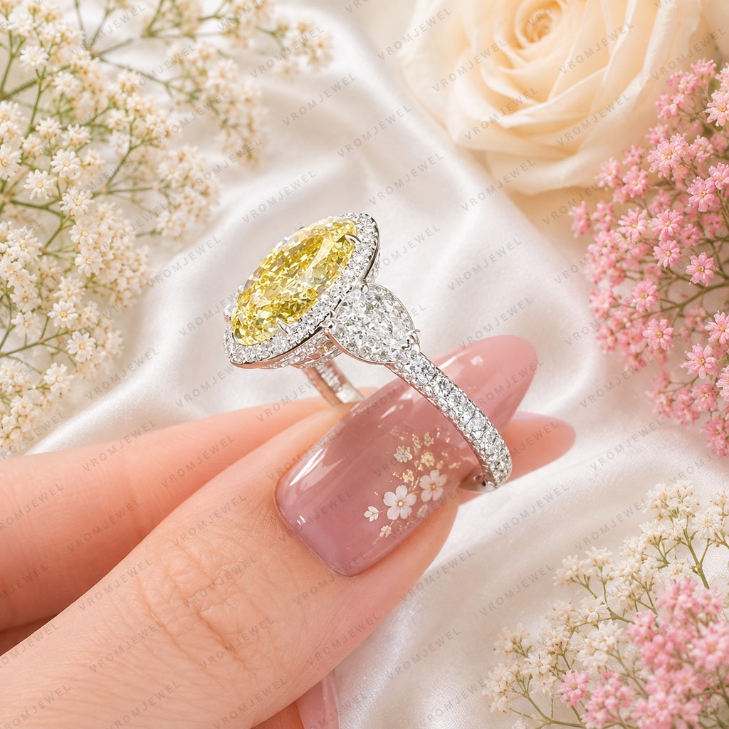 5.50 Carat Yellow Oval Lab Grown Diamond Engagement Ring, Yellow Diamond Halo Ring, Oval Cut Statement Ring, Pear Diamond Accents, Gold Ring