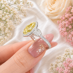 5.50 Carat Yellow Oval Lab Grown Diamond Engagement Ring, Yellow Diamond Halo Ring, Oval Cut Statement Ring, Pear Diamond Accents, Gold Ring