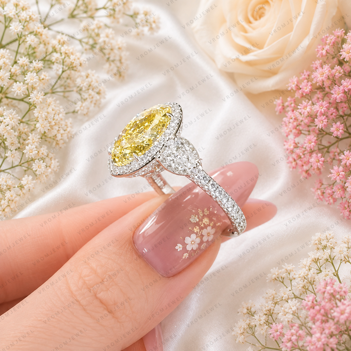 5.50 Carat Yellow Oval Lab Grown Diamond Engagement Ring, Yellow Diamond Halo Ring, Oval Cut Statement Ring, Pear Diamond Accents, Gold Ring