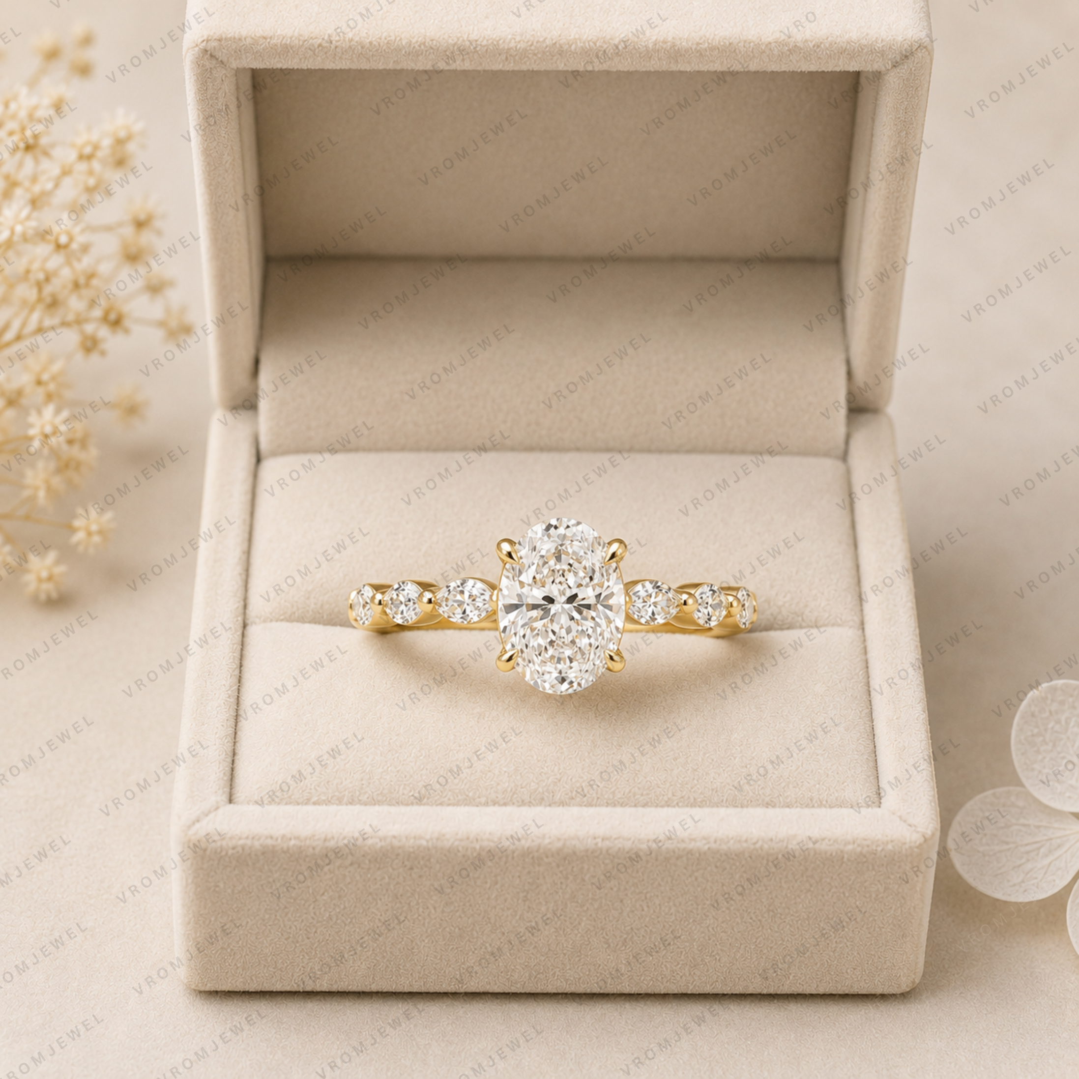 Oval Lab Grown Diamond Engagement Ring with Marquise & Round Halo in Solid 14K Gold