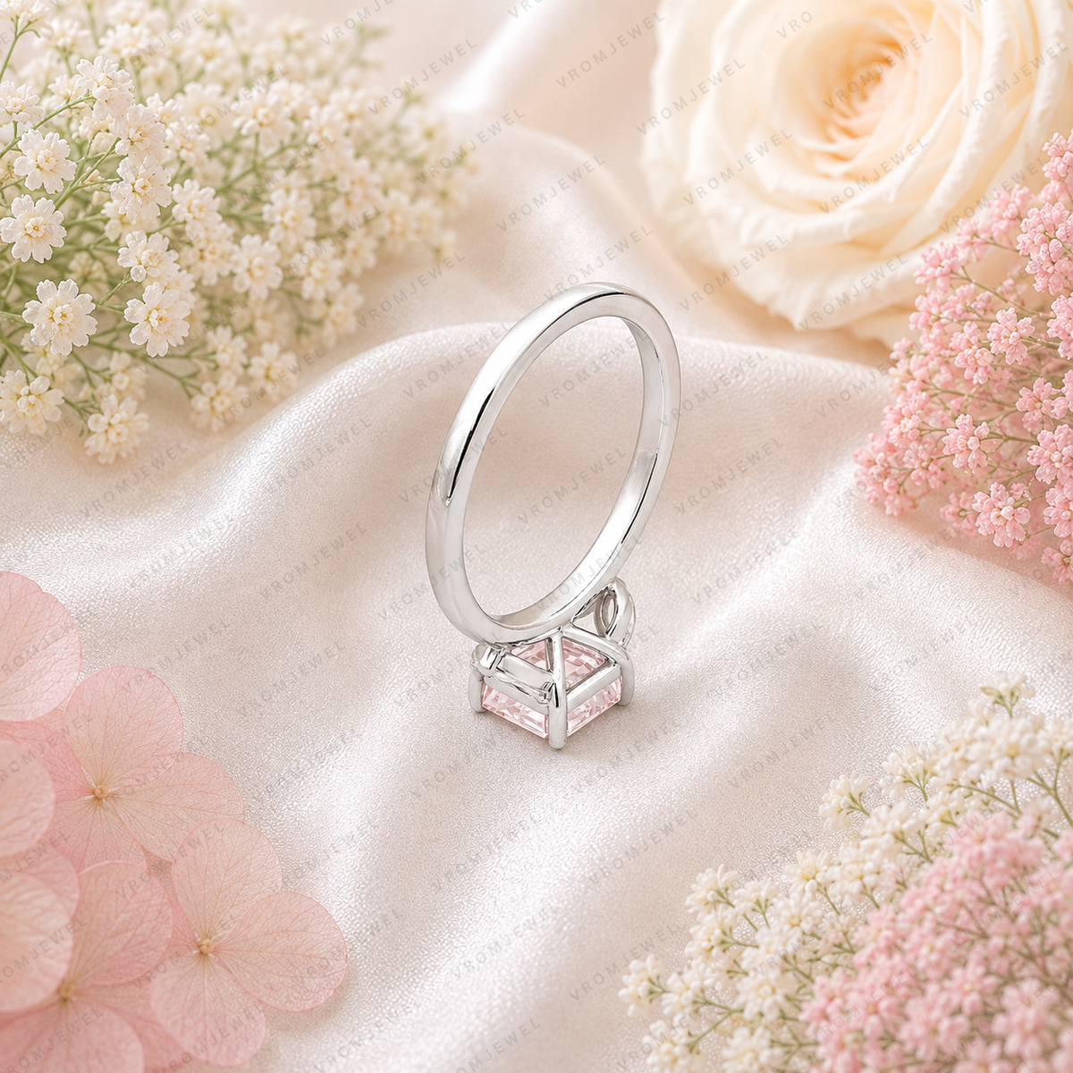 Pink Asscher Cut Lab Grown Diamond Engagement Ring, Leaf Side Stone Ring, Vintage Inspired Pink Diamond Ring, 10K 14K 18K Gold