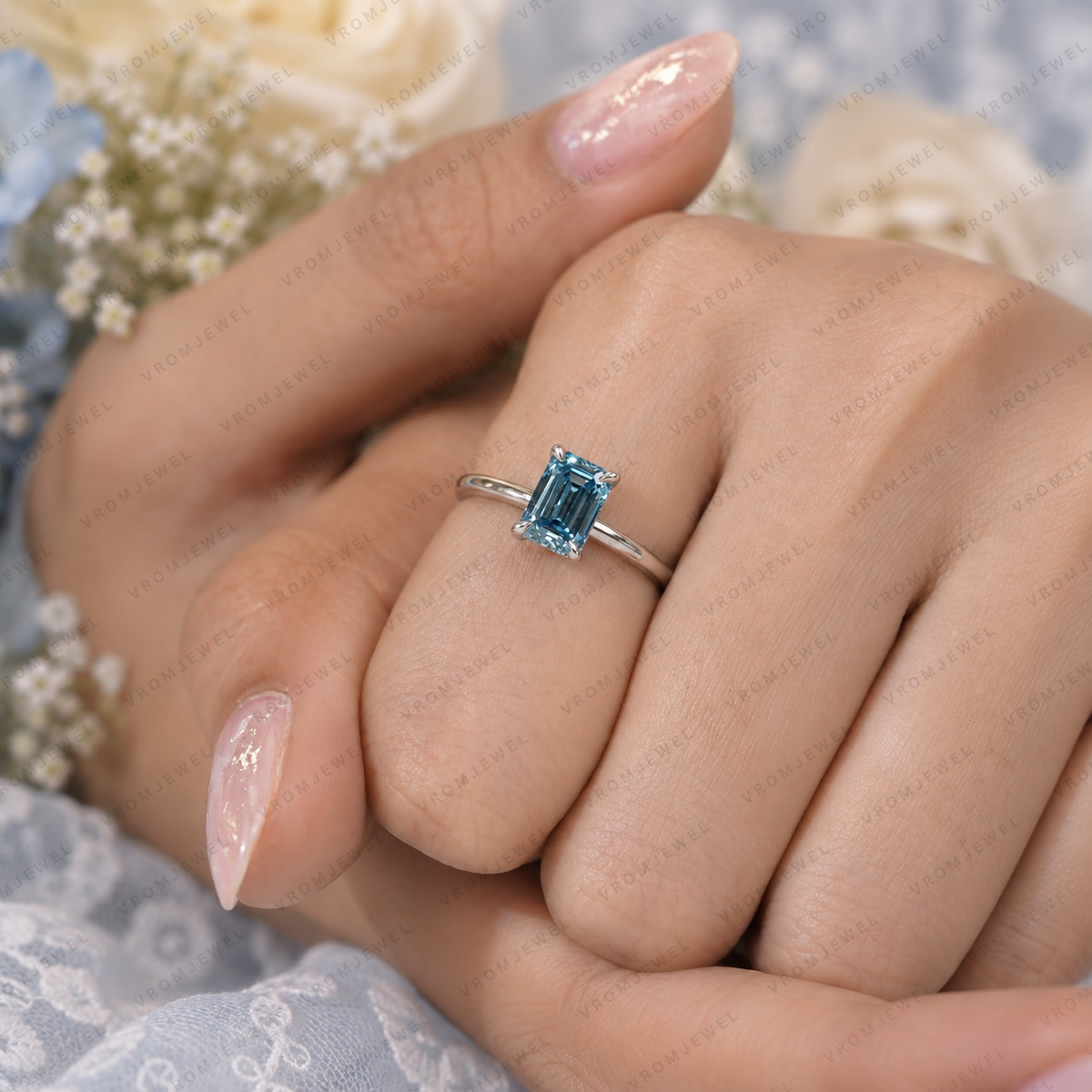 Blue Emerald Cut Lab Grown Diamond Ring, 1.50 Carat Blue Diamond Engagement Ring, Emerald Cut Solitaire Ring, Diamond Accent Setting