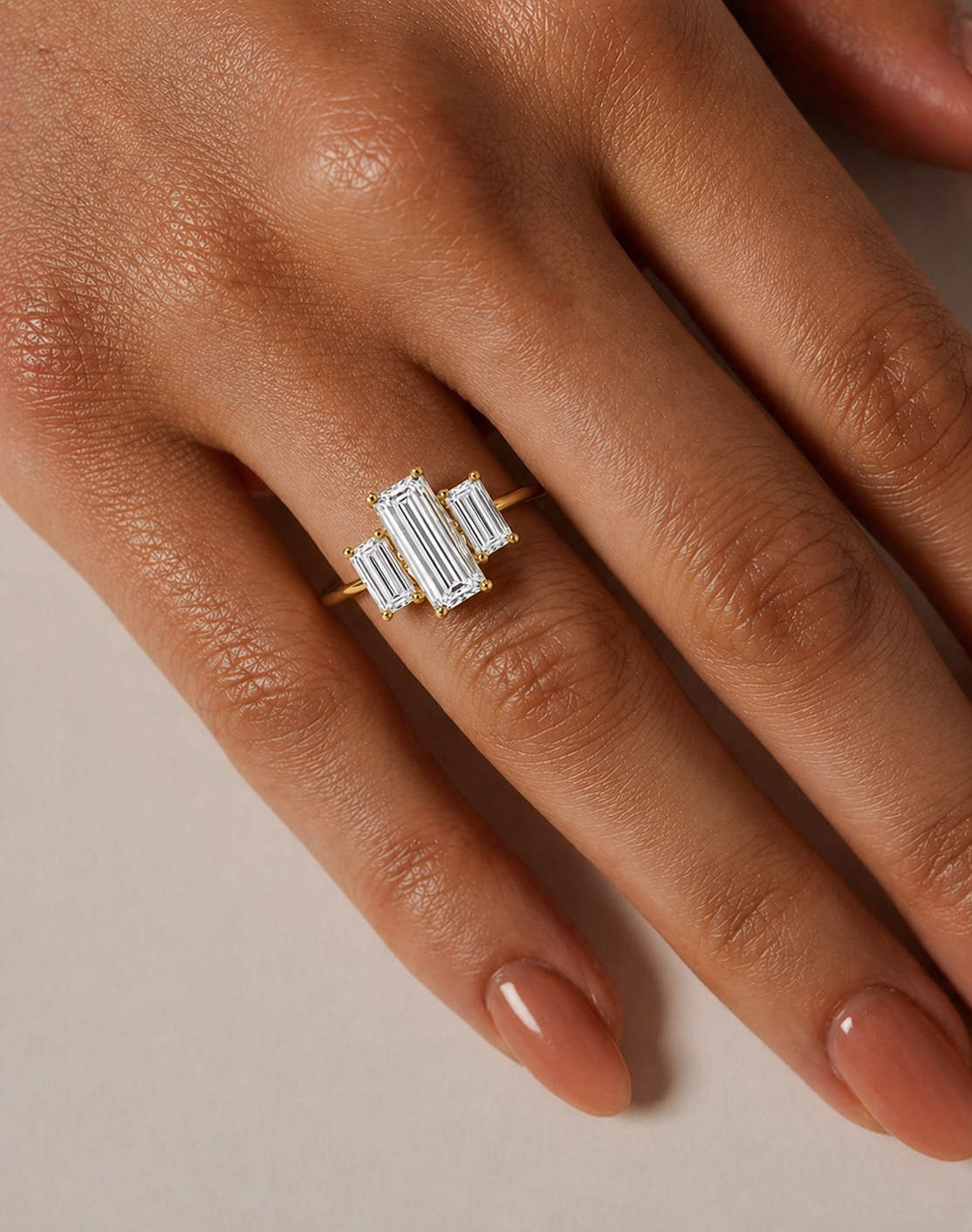 3 Stone Baguette Lab Grown Diamond Ring | 3 CT Total | Step Cut Engagement Ring | 14K Gold Proposal Ring