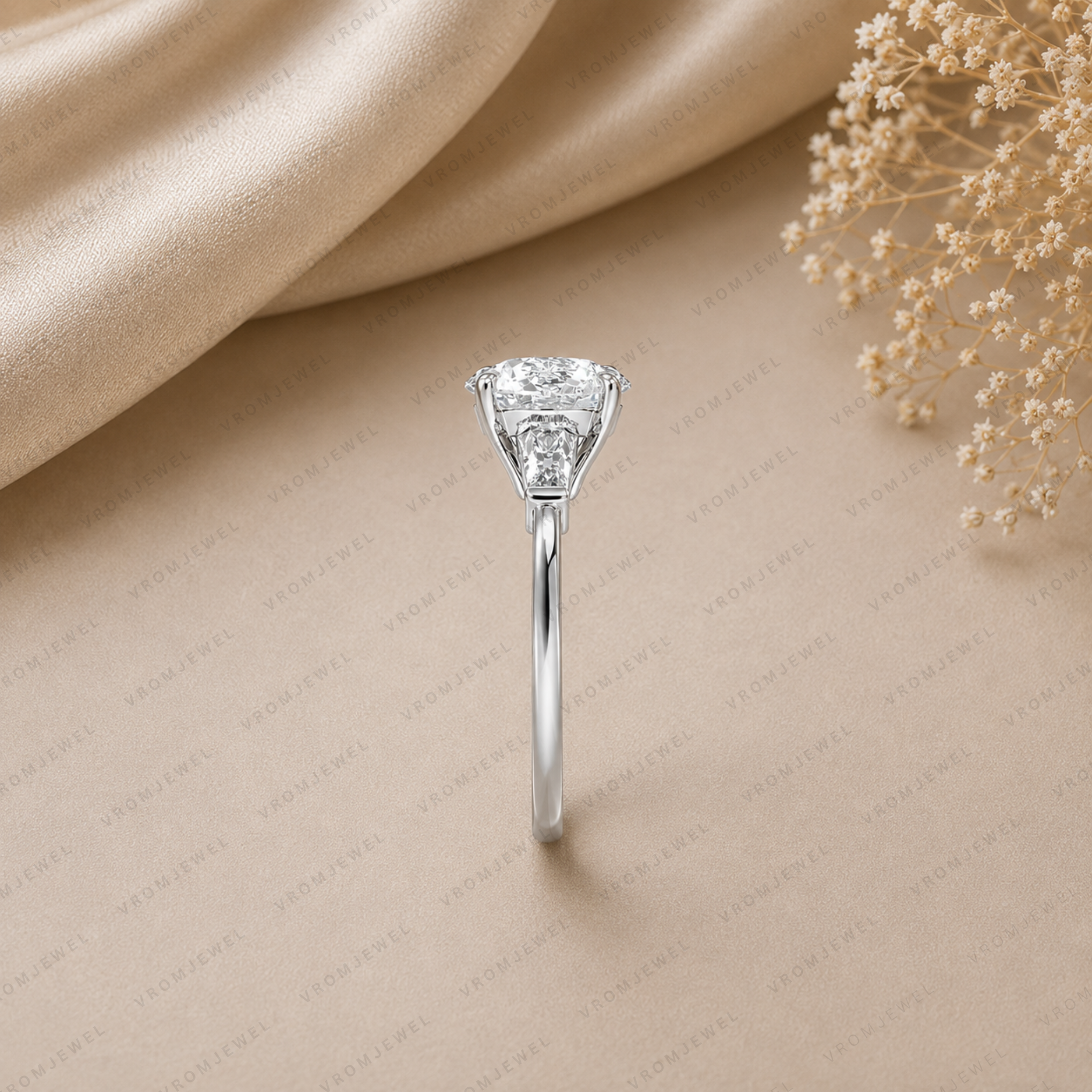 Round Engagement Ring | Lab Grown Diamond | Tapered Baguette Side Stones | 14K Yellow Gold