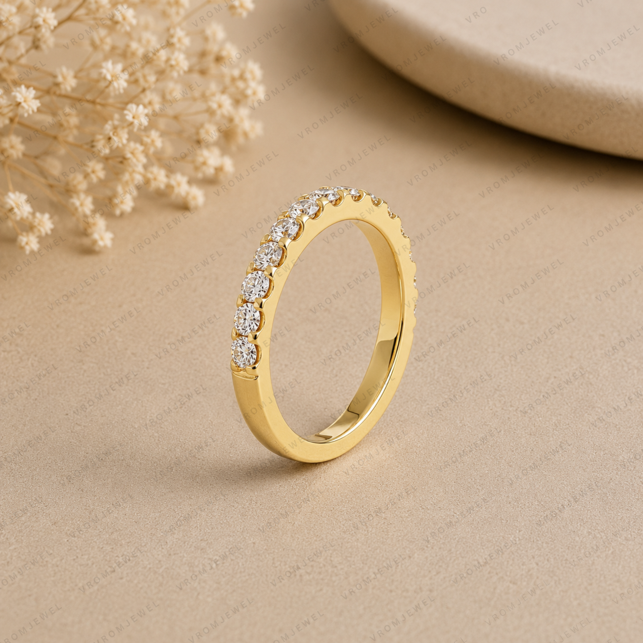Round Lab Grown Diamond Half Eternity Wedding Band in Solid 14K Gold