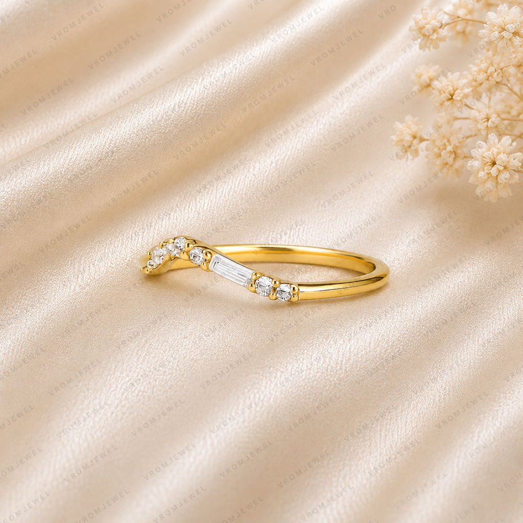 Curved Wedding Band | Lab Grown Diamond | Baguette & Round Stones | 14K Yellow Gold