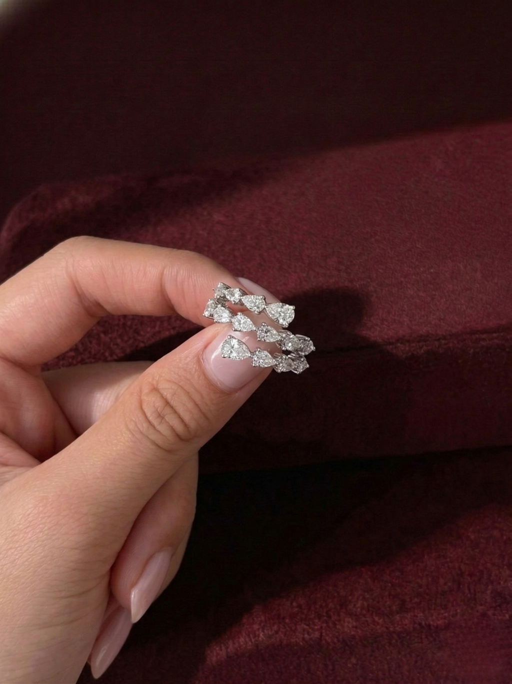 Triple Row Pear Lab Grown Diamond Ring, Pear Diamond Statement Ring, 2.28 Carat Pear Diamond Band, Unique Pear Diamond Anniversary Ring