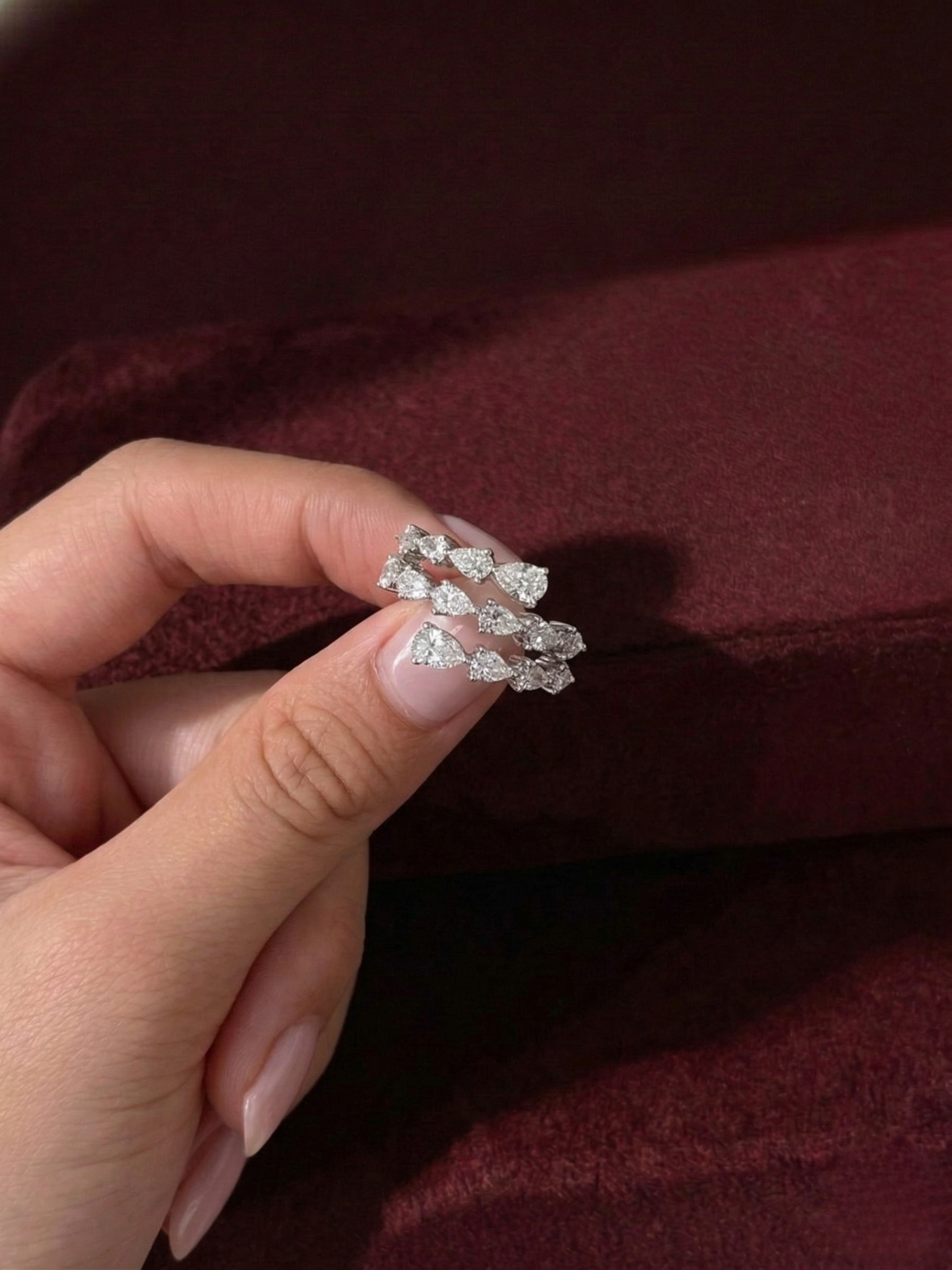 Triple Row Pear Lab Grown Diamond Ring, Pear Diamond Statement Ring, 2.28 Carat Pear Diamond Band, Unique Pear Diamond Anniversary Ring