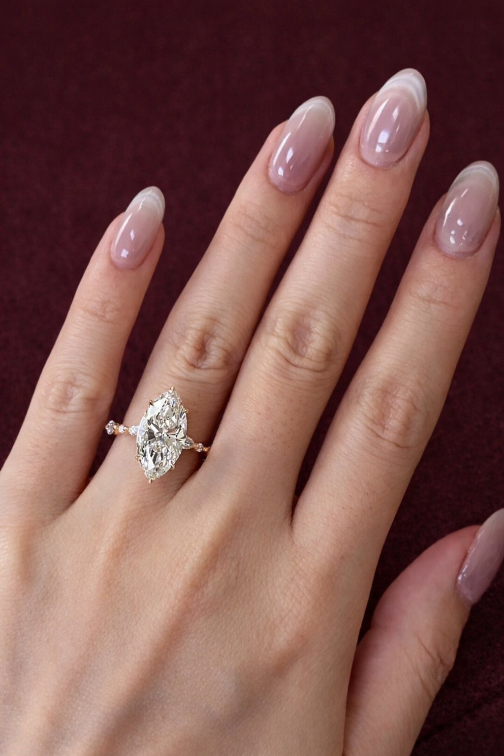 Marquise Diamond Engagement Ring, Marquise Cut Diamond Ring with Marquise & Round Side Stones, Unique Marquise Solitaire Engagement Ring