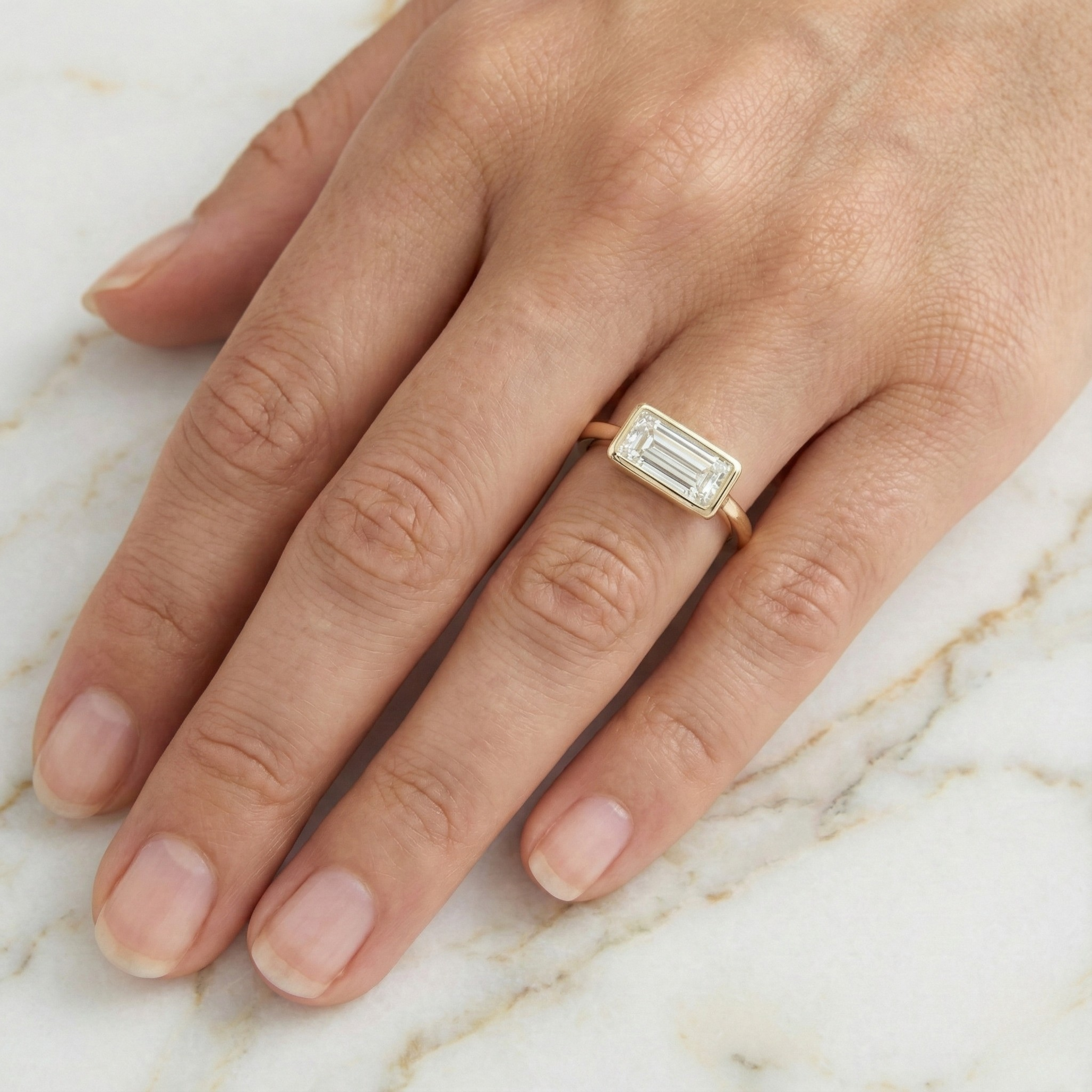 Baguette Cut East West Bezel Set Solitaire Ring | Lab Grown Diamond | 14K Yellow Gold