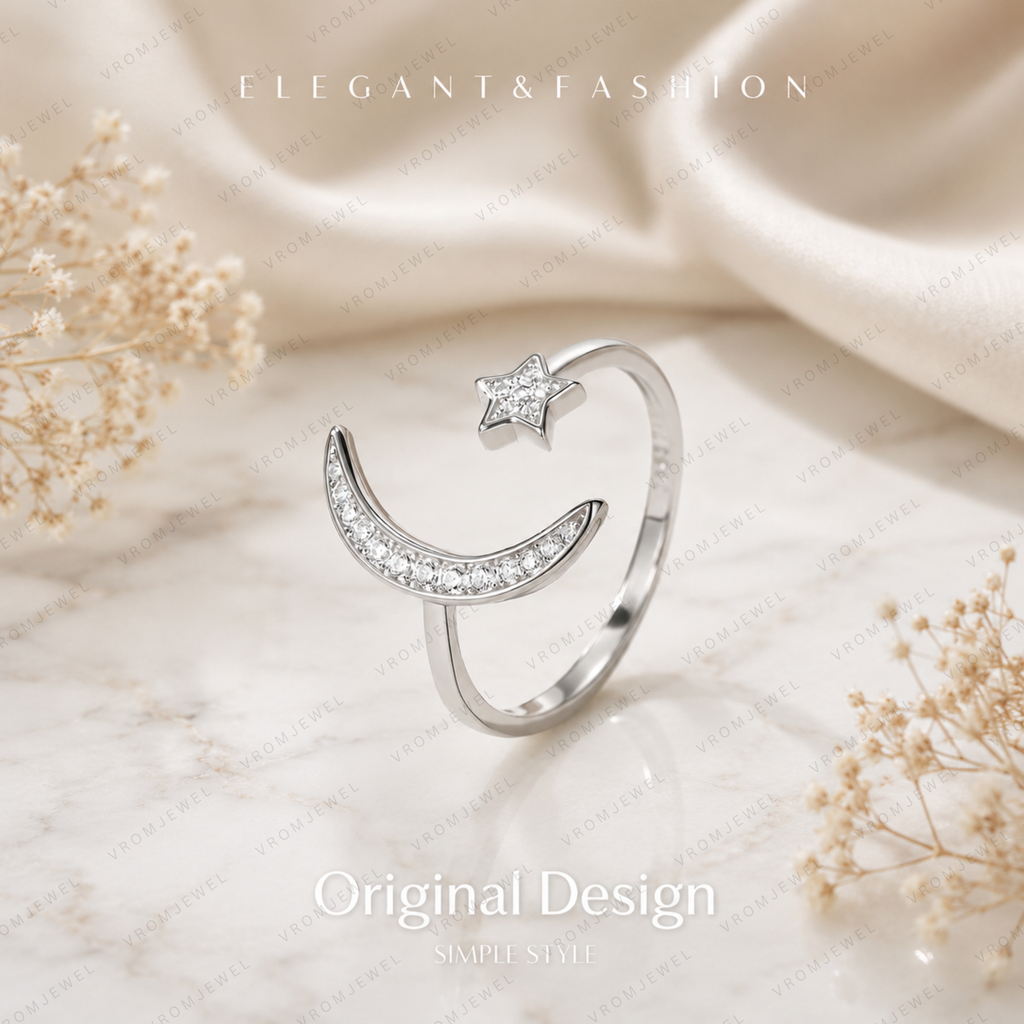Moon and Star Lab Grown Diamond Ring, Celestial Diamond Ring, Crescent Moon Ring, Star Ring, Solid Gold Open Ring, Minimalist Promise Ring