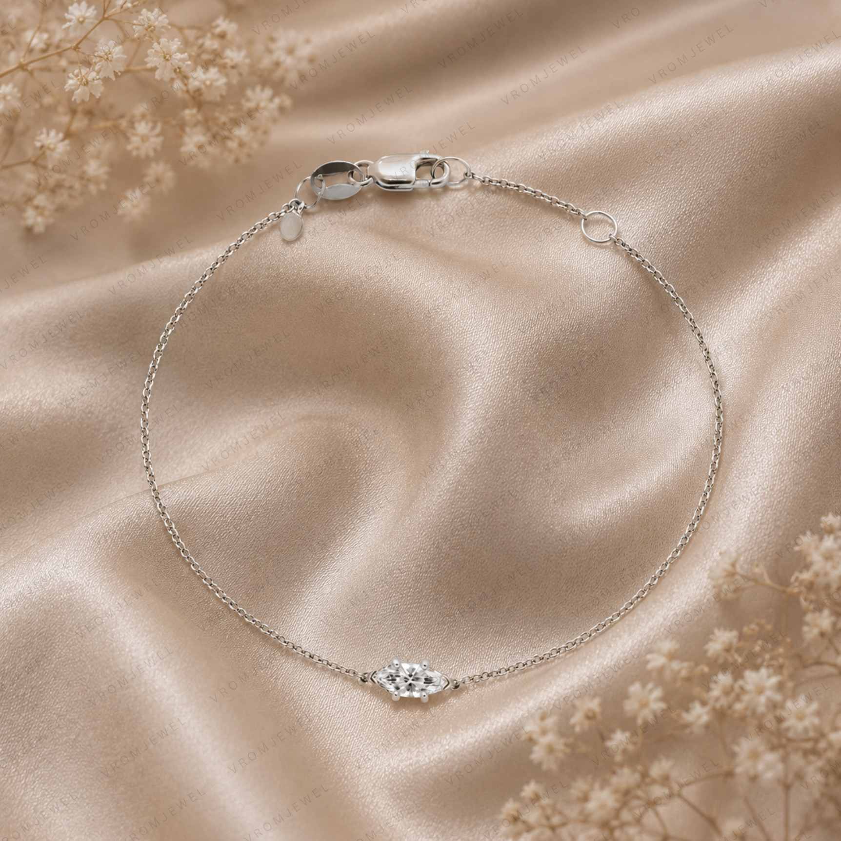 Handmade Marquise Cut Lab Grown Diamond Solitaire Bracelet in 14K Gold