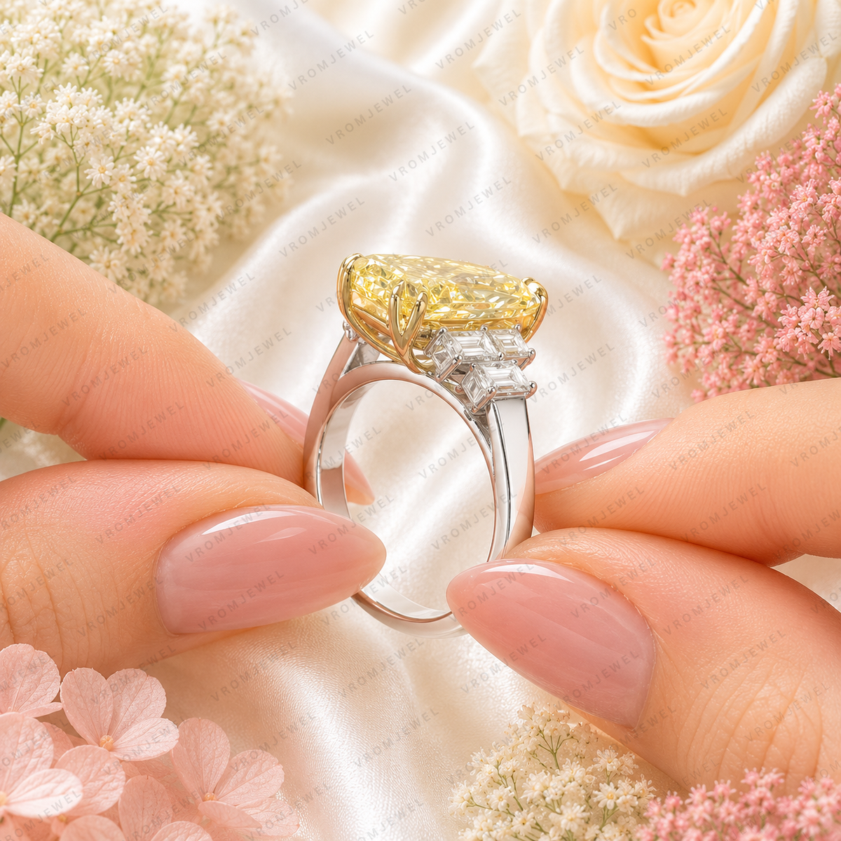 5.00 Carat Yellow Radiant Lab Grown Diamond Ring, Yellow Diamond Engagement Ring, Baguette Diamond Accents, Statement Ring, 10K 14K 18K Gold
