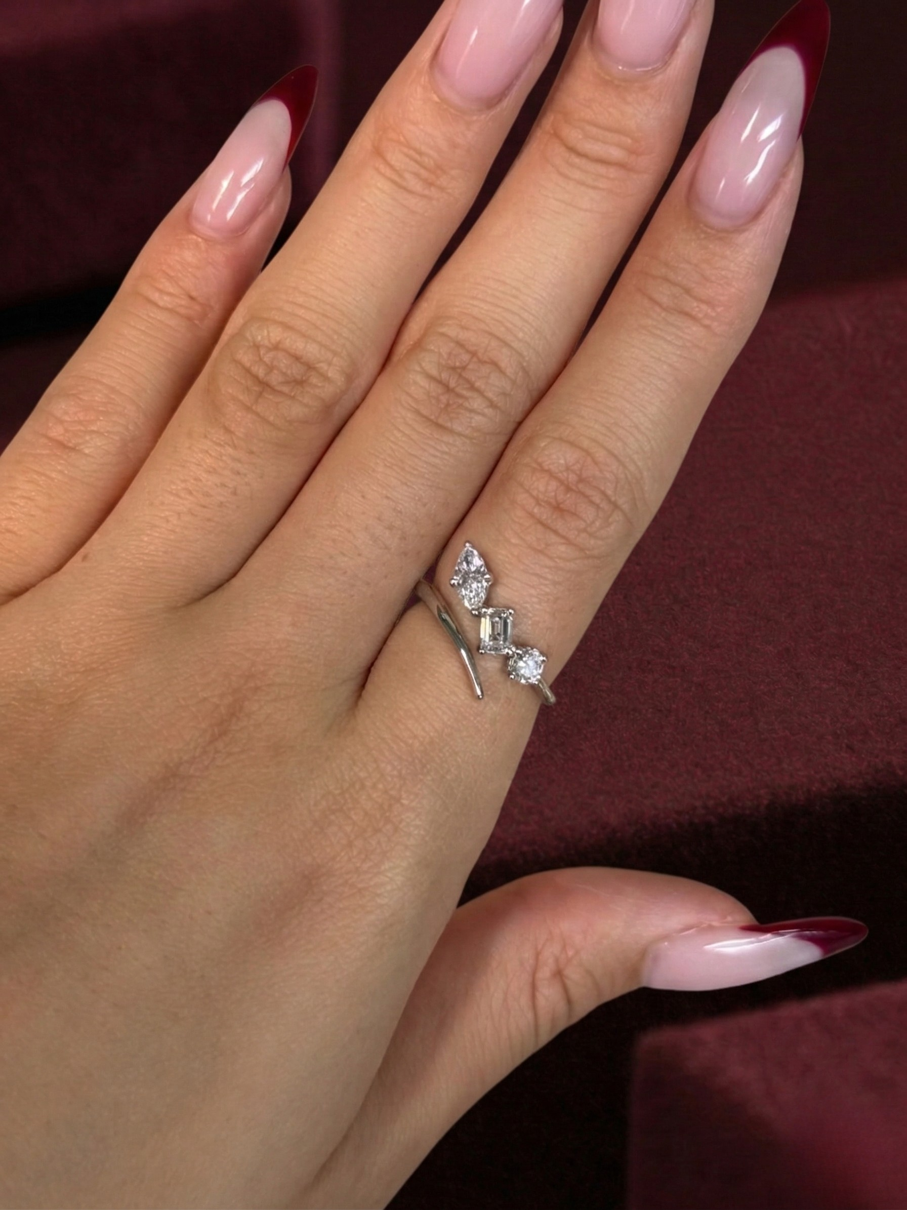 Three Stone Lab Grown Diamond Ring, Marquise Emerald Round Diamond Ring, 0.81 Carat Mixed Shape Diamond Engagement Ring, Unique Bypass Ring
