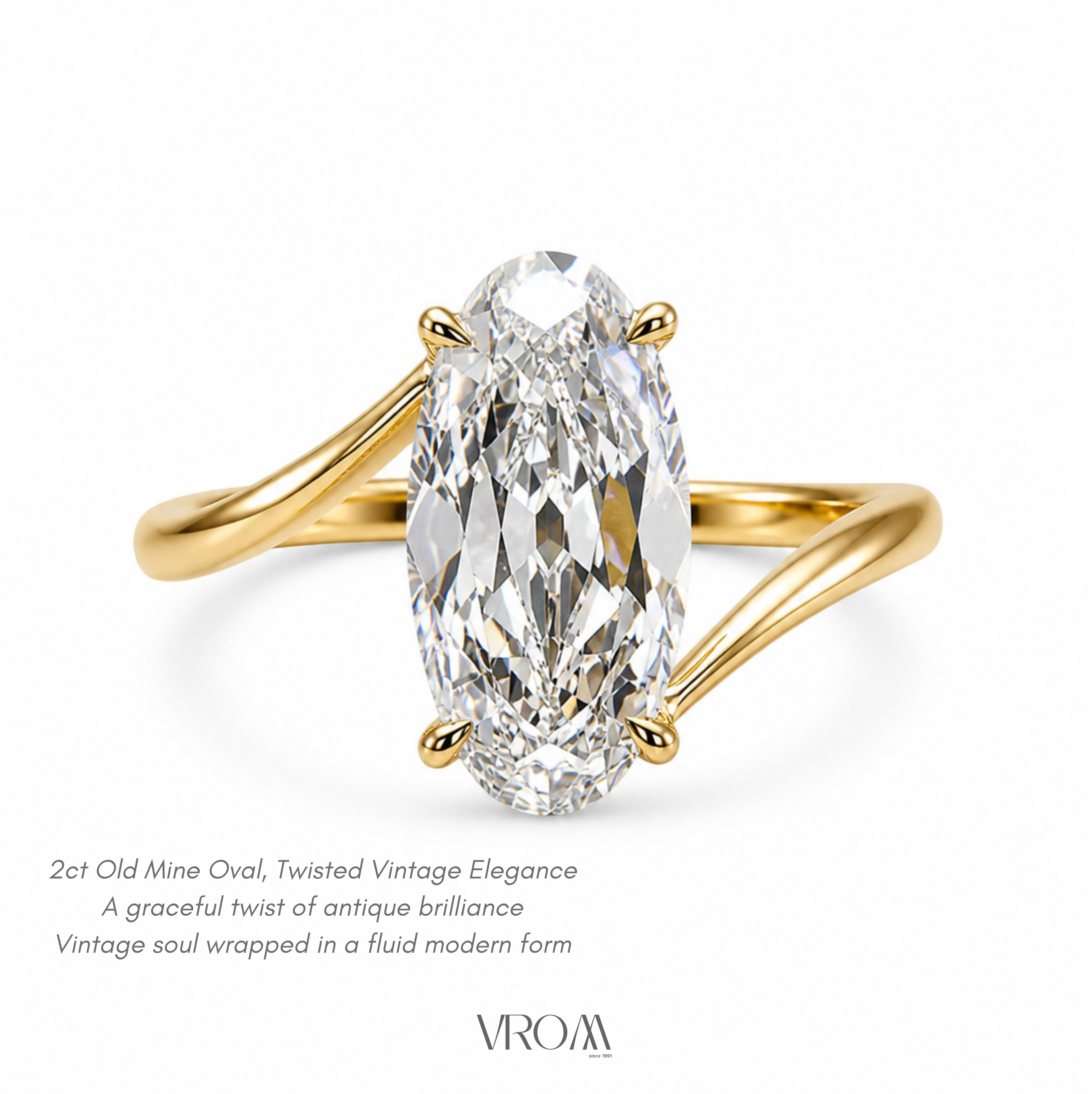 Old Mine Oval Lab Grown Diamond Engagement Ring | 2 CT | Twisted Vintage Ring | Antique Style | 14K Gold