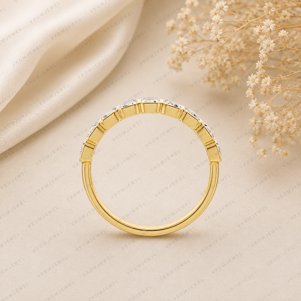 Emerald Cut Lab Grown Diamond Bezel Set Wedding Band in Solid 14K Gold