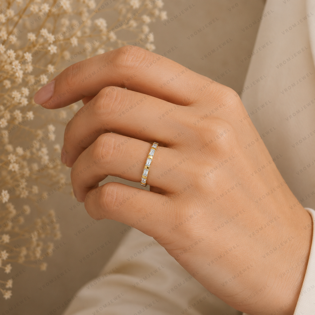 Baguette Lab Grown Diamond Wedding Band: Minimalist Half Eternity Stacking Ring