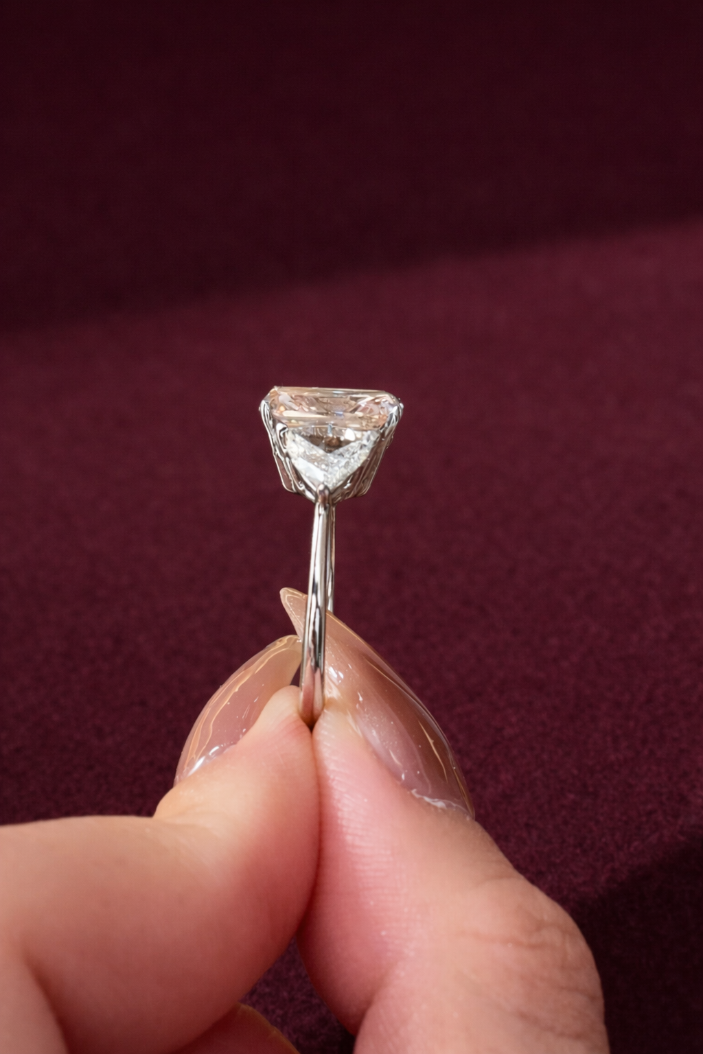 Pink Radiant Diamond Engagement Ring, Three Stone Diamond Ring with Trillion Side Stones, Unique Pink Diamond Ring, Luxury Engagement Ring
