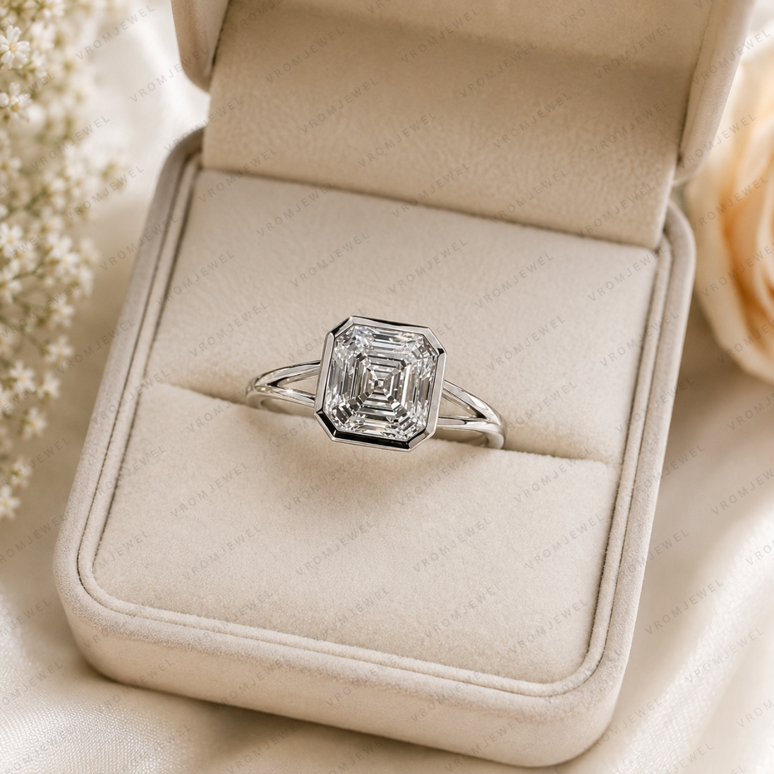 Asscher Cut Lab Grown Diamond Engagement Ring, Bezel Set Solitaire Ring, F Color Diamond, IGI Certified, 10K 14K 18K Gold