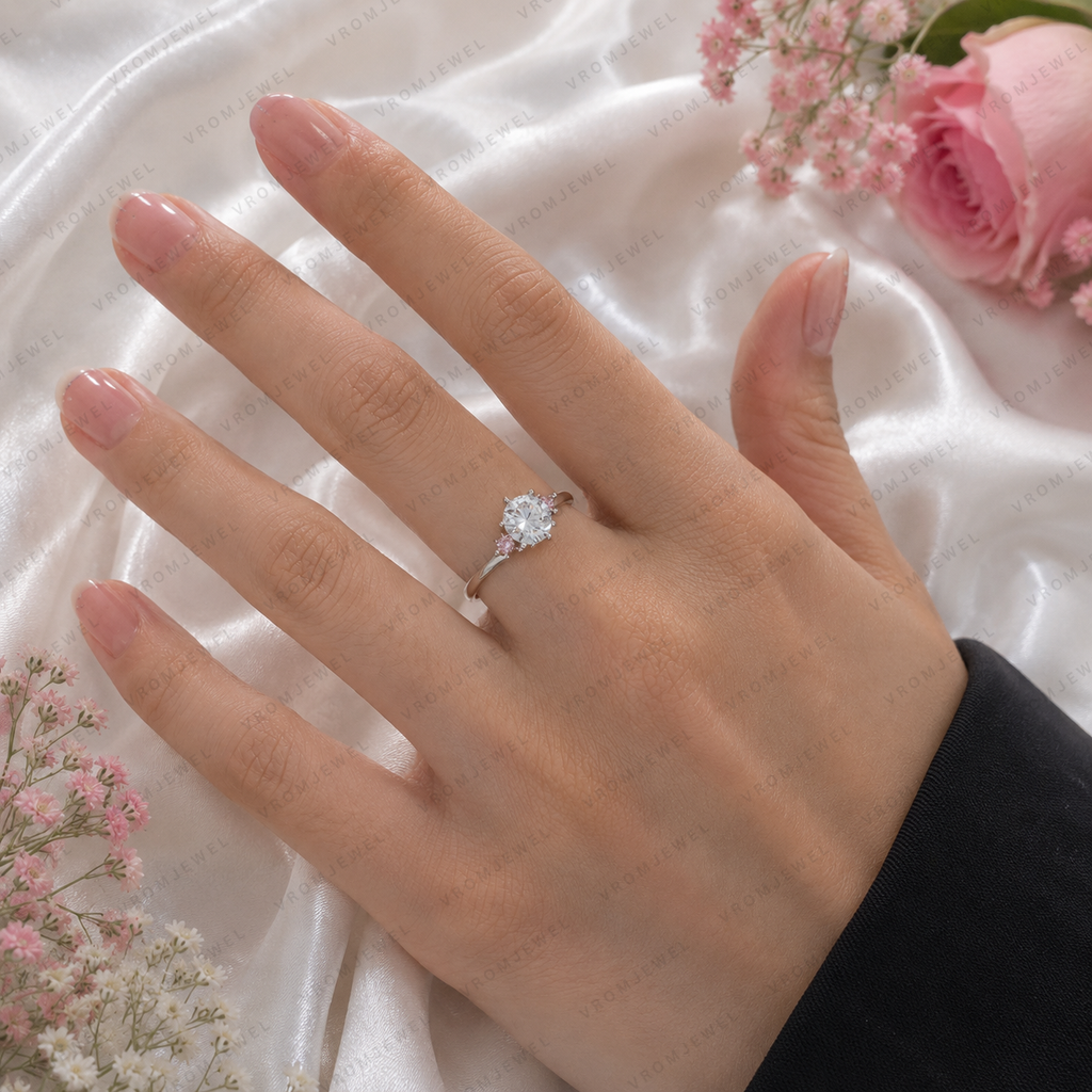 Round Lab Grown Diamond Engagement Ring, F Color Diamond Ring, Pink Diamond Side Stones, Three Stone Ring, Floral Inspired Ring, 10K 14K 18K