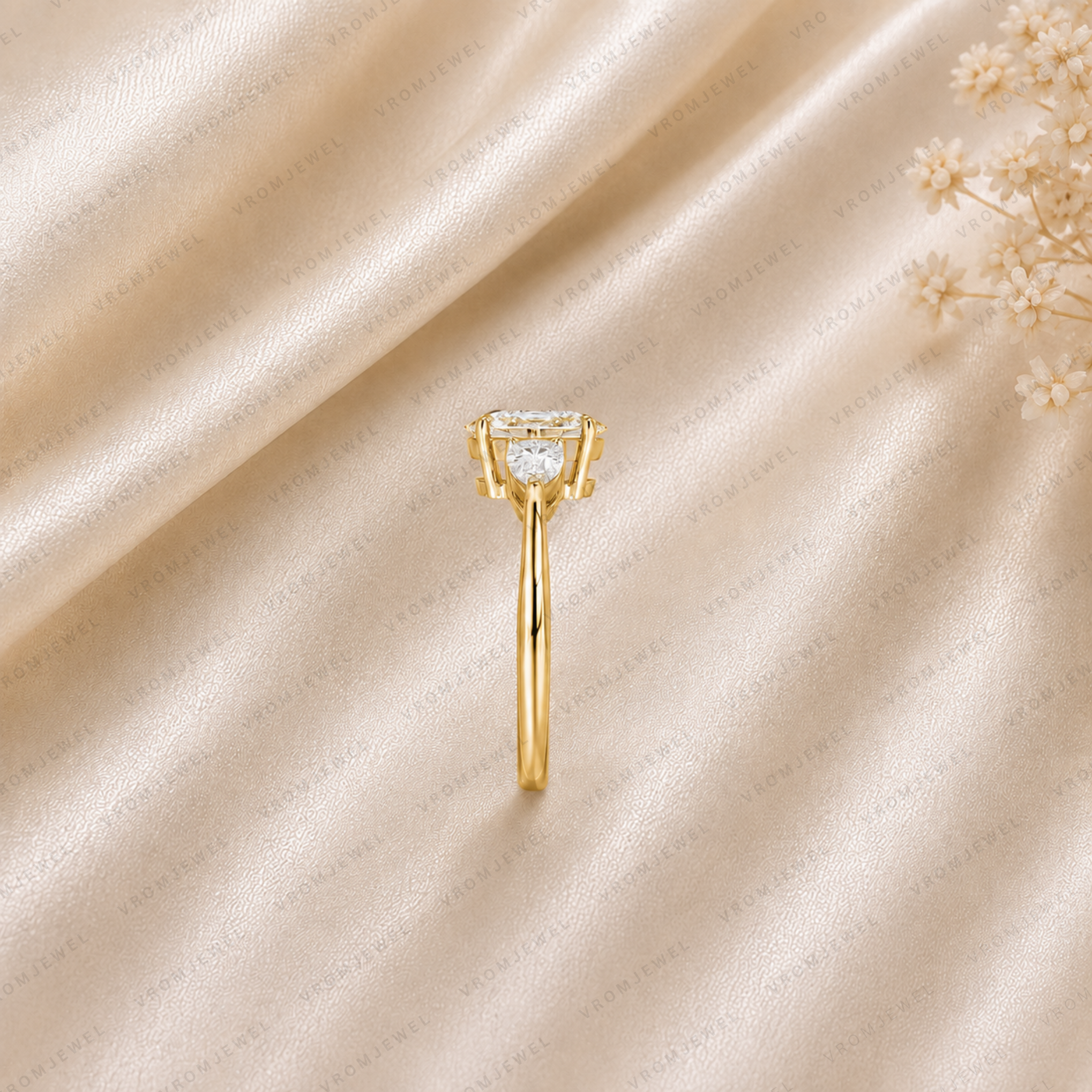 Oval Engagement Ring | Lab Grown Diamond | Pear Side Stones | Prong Set | 14K Yellow Gold