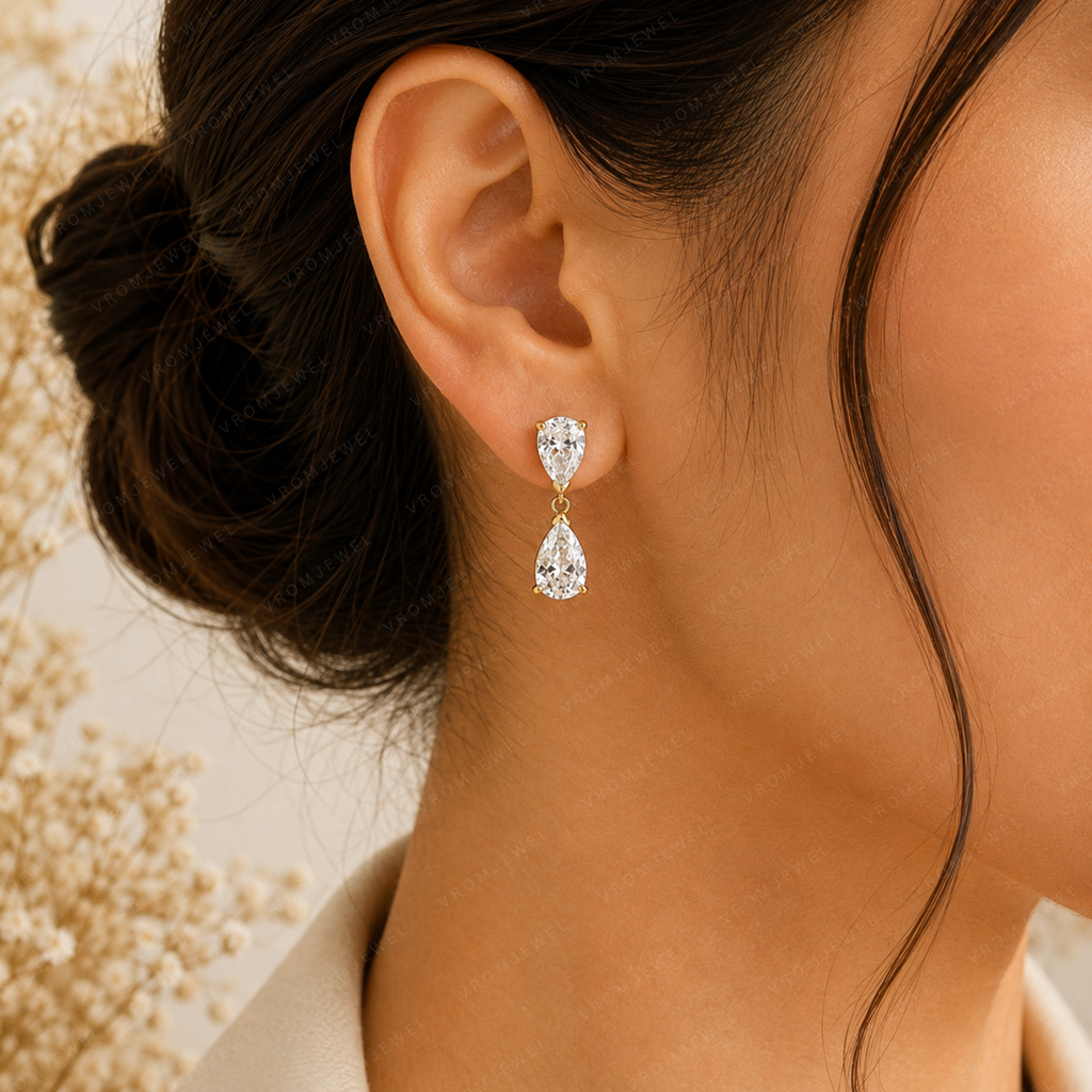 Elegant Pear Shape Lab Grown Diamond Stud Earrings in Solid 14K Gold