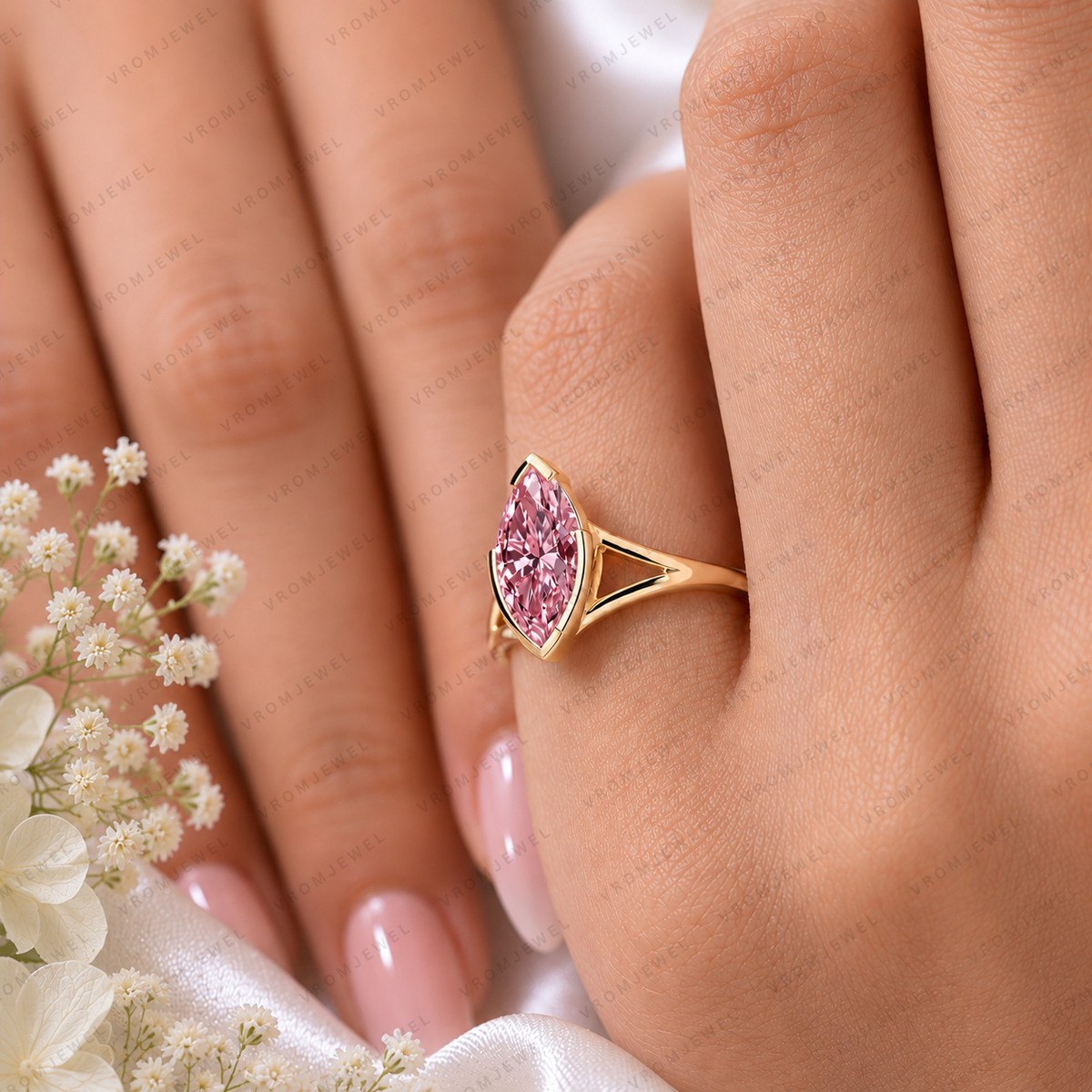 1.50 Ct Marquise Pink Lab Grown Diamond Ring, Pink Diamond Engagement Ring, Modern Marquise Solitaire Ring, Unique Gold Bridal Ring