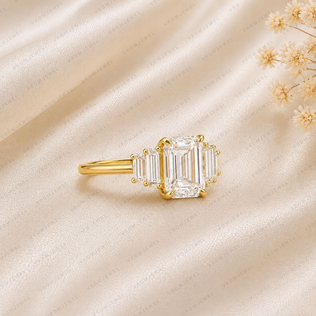 Emerald Cut Lab Grown Diamond Engagement Ring | 14K Gold Baguette Bar Ring