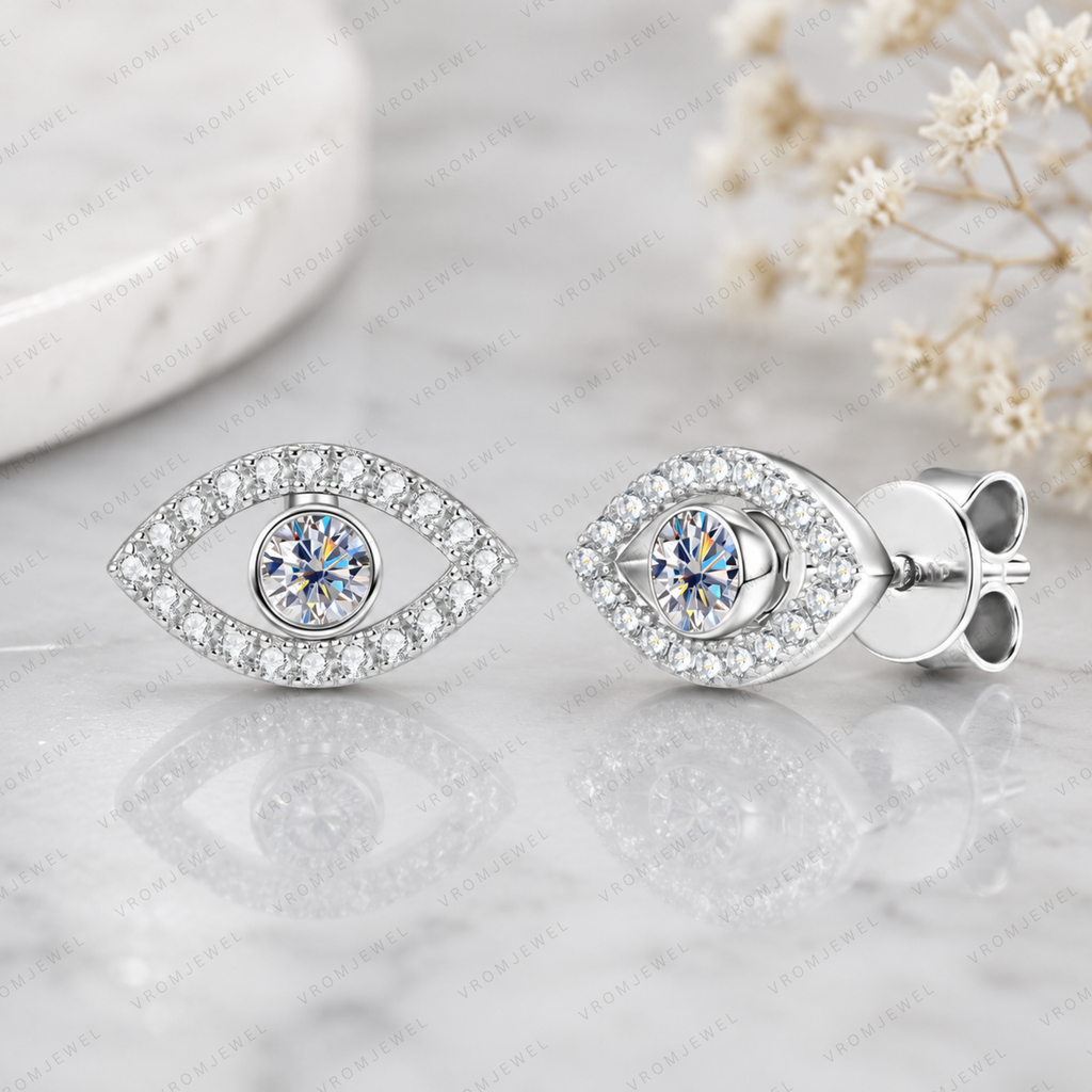 Evil Eye Lab Grown Diamond Stud Earrings, Eye Shape Diamond Earrings, Solid Gold Evil Eye Studs, Minimalist Diamond Earrings, Gift For Her