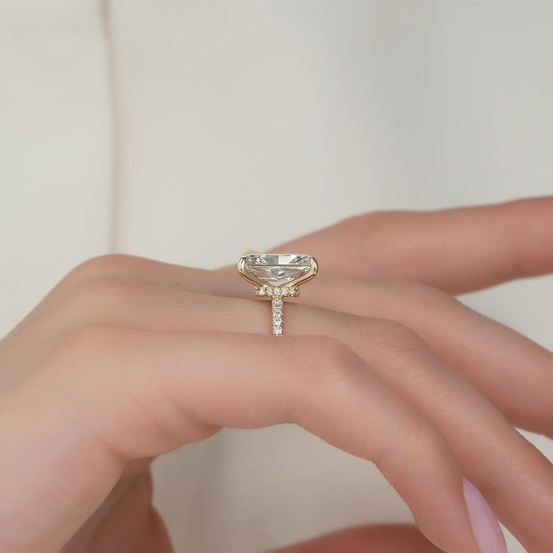 4.5CT Radiant Cut Ring with Side Accents and Hidden Halo | Lab Grown Diamond | 14K Yellow Gold