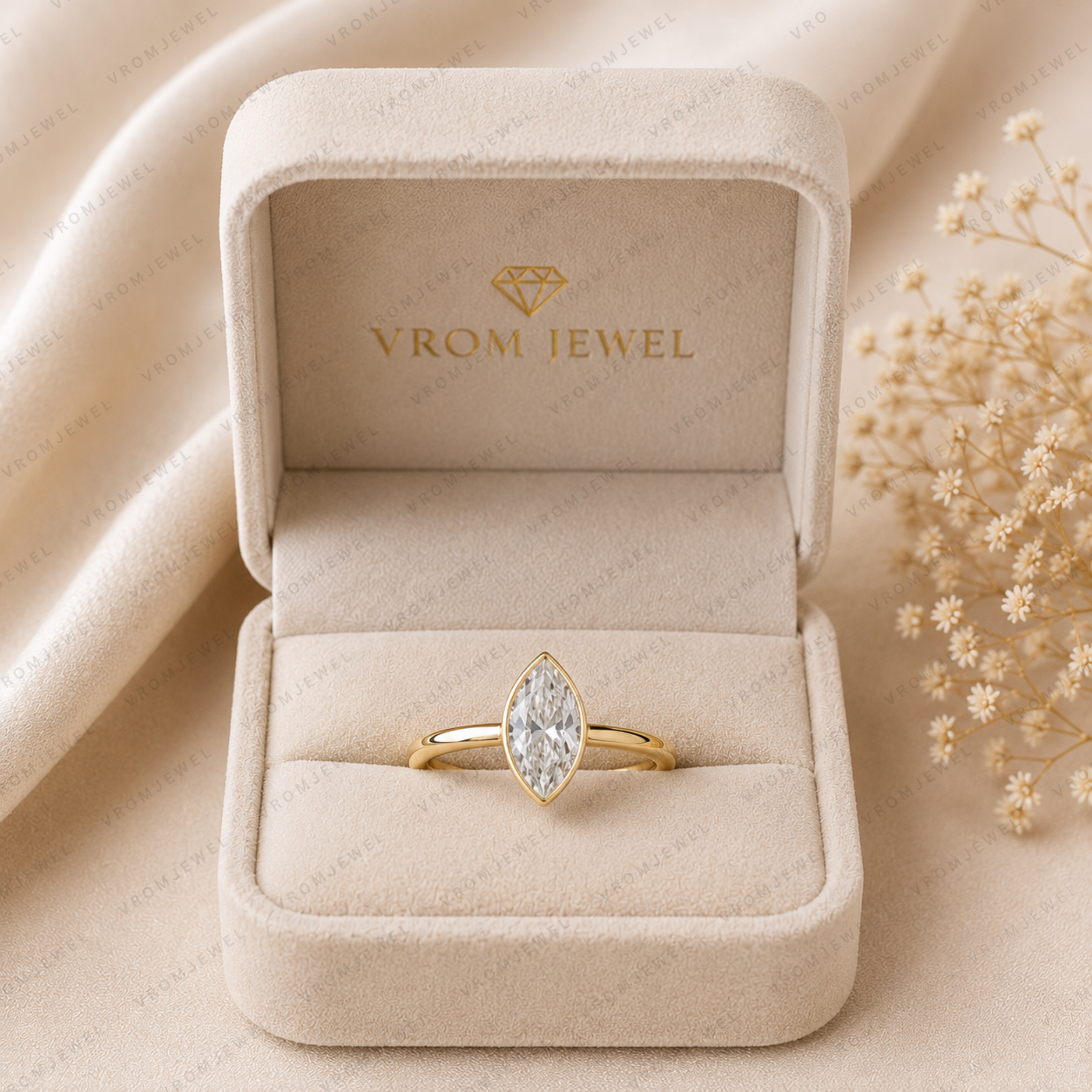 Marquise Cut Lab Grown Diamond Bezel Set Solitaire Ring in Solid 14K Gold