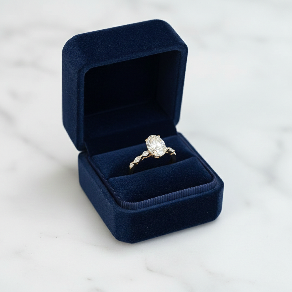 Oval Ring with Marquise Accent Solitaire | Lab Grown Diamond | 14K Yellow Gold