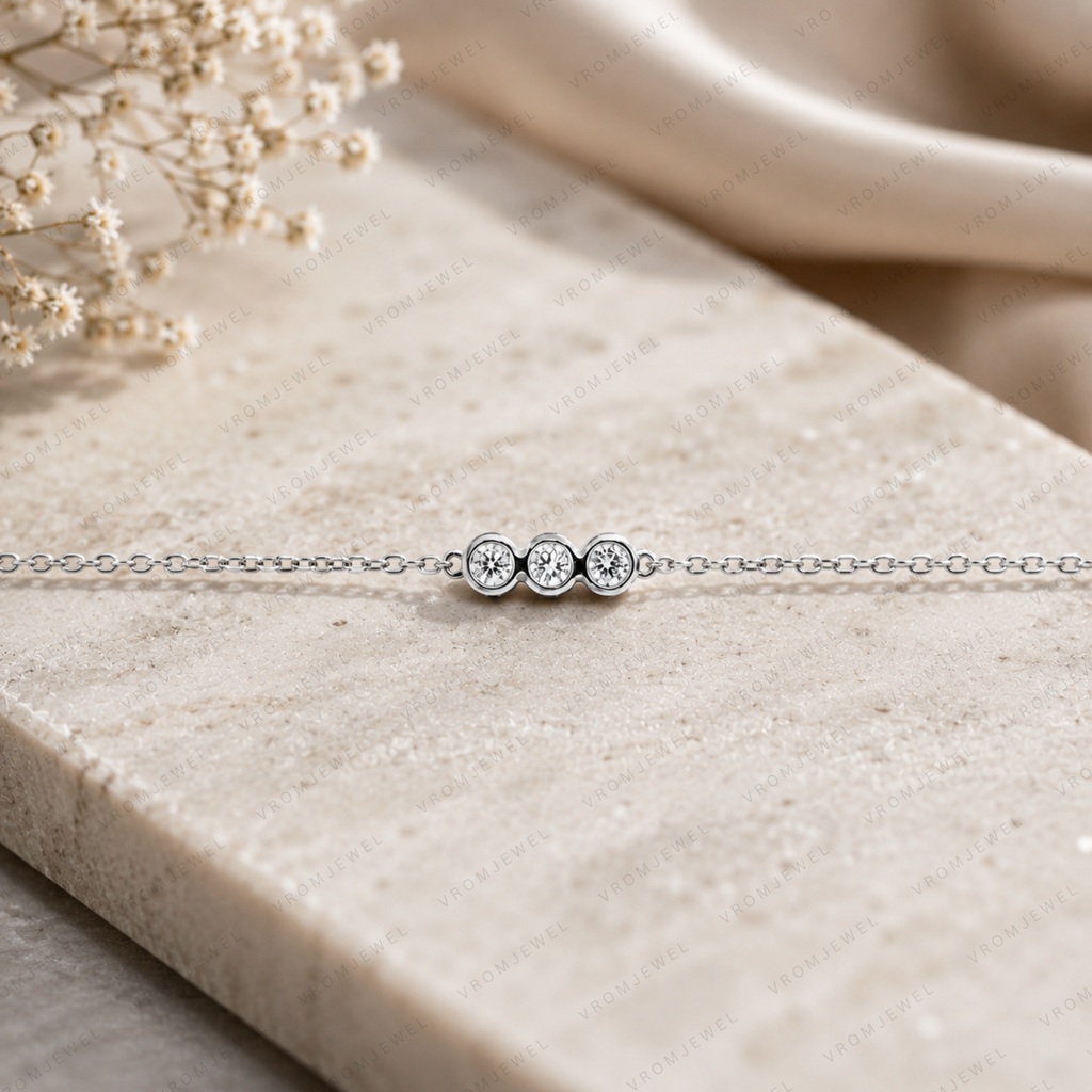 Dainty Trio Round Lab Grown Diamond Bracelet in Solid 14K Gold