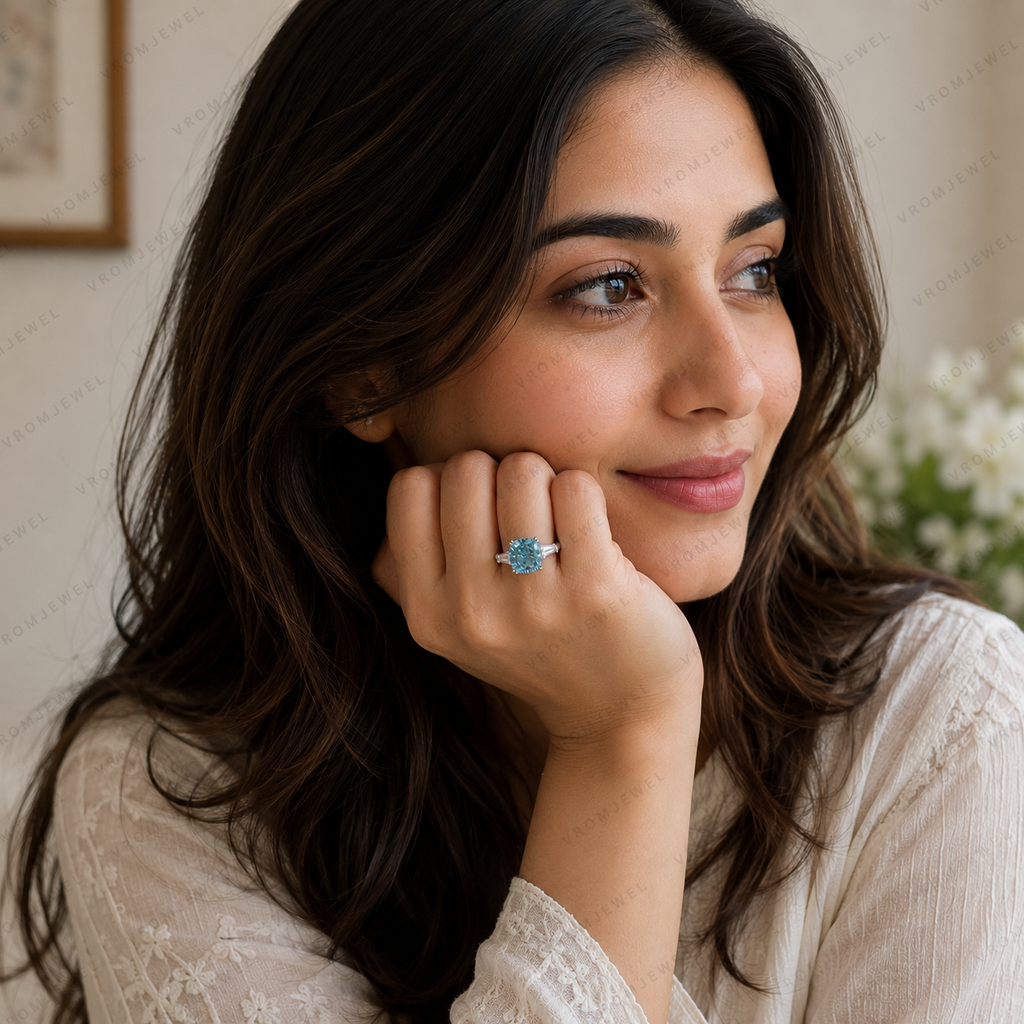 Blue Cushion Cut Lab Grown Diamond Ring, 3 Carat Blue Diamond Engagement Ring, Baguette Side Stones, Statement Ring, Pavé Band, 10K 14K 18K