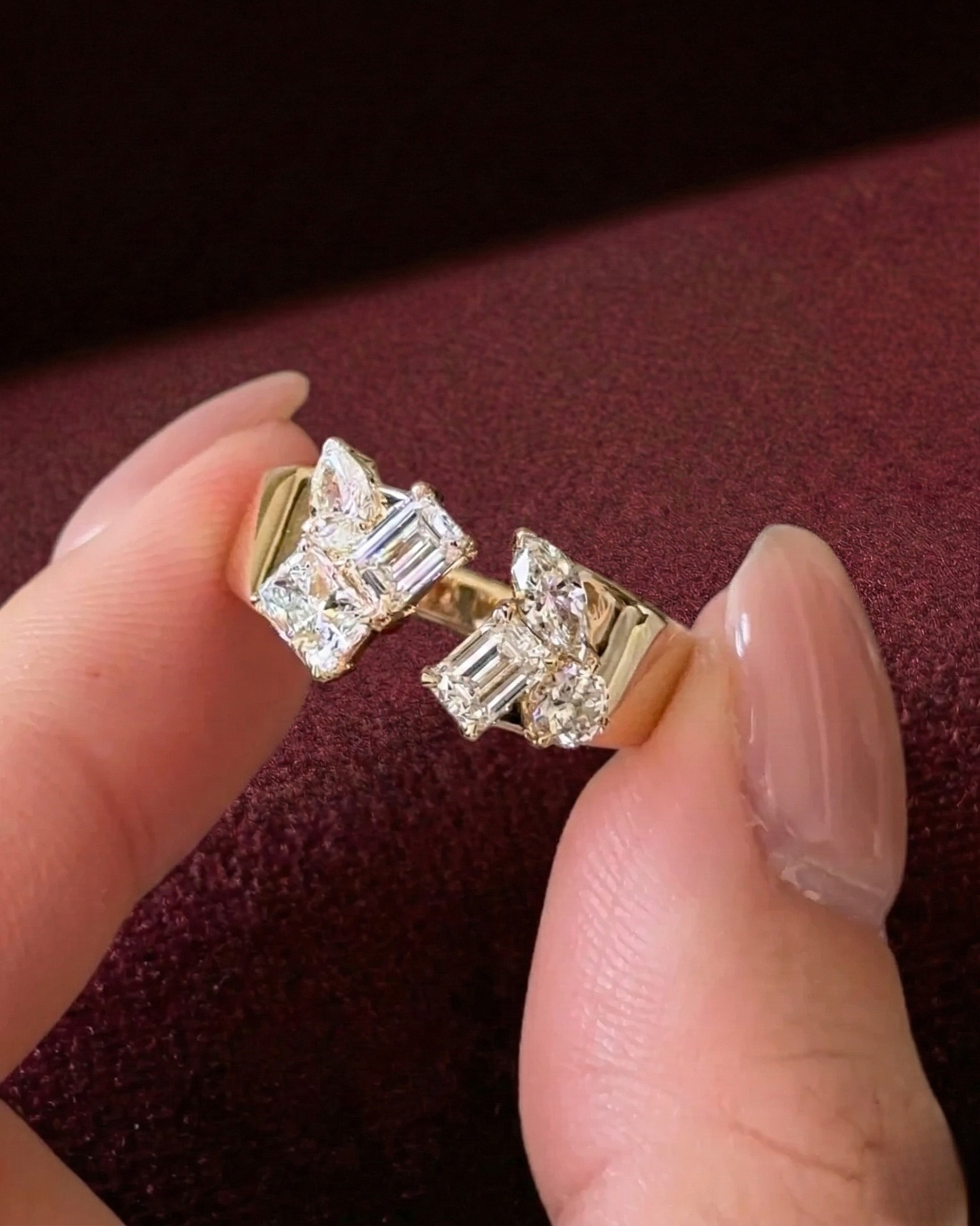 Mixed Shape Diamond Open Band Ring, Radiant Emerald Pear Marquise Diamond Ring, Multi Shape Diamond Statement Ring, Unique Diamond Open Ring