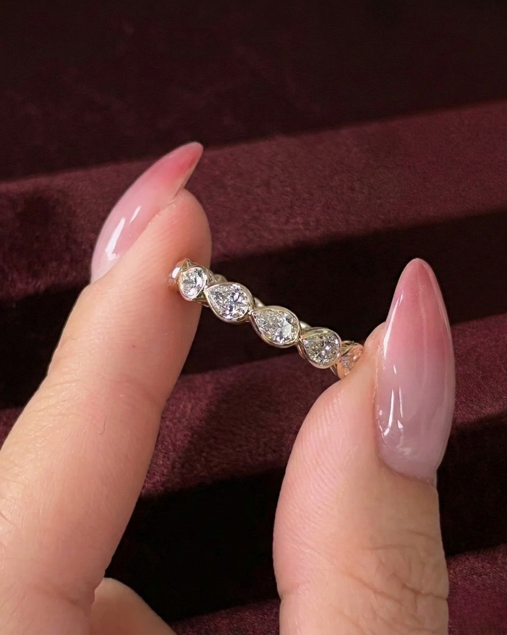 Pear Diamond Half Eternity Band, Bezel Set Pear Diamond Wedding Band, Pear Shape Diamond Anniversary Ring, Stackable Pear Diamond Ring.