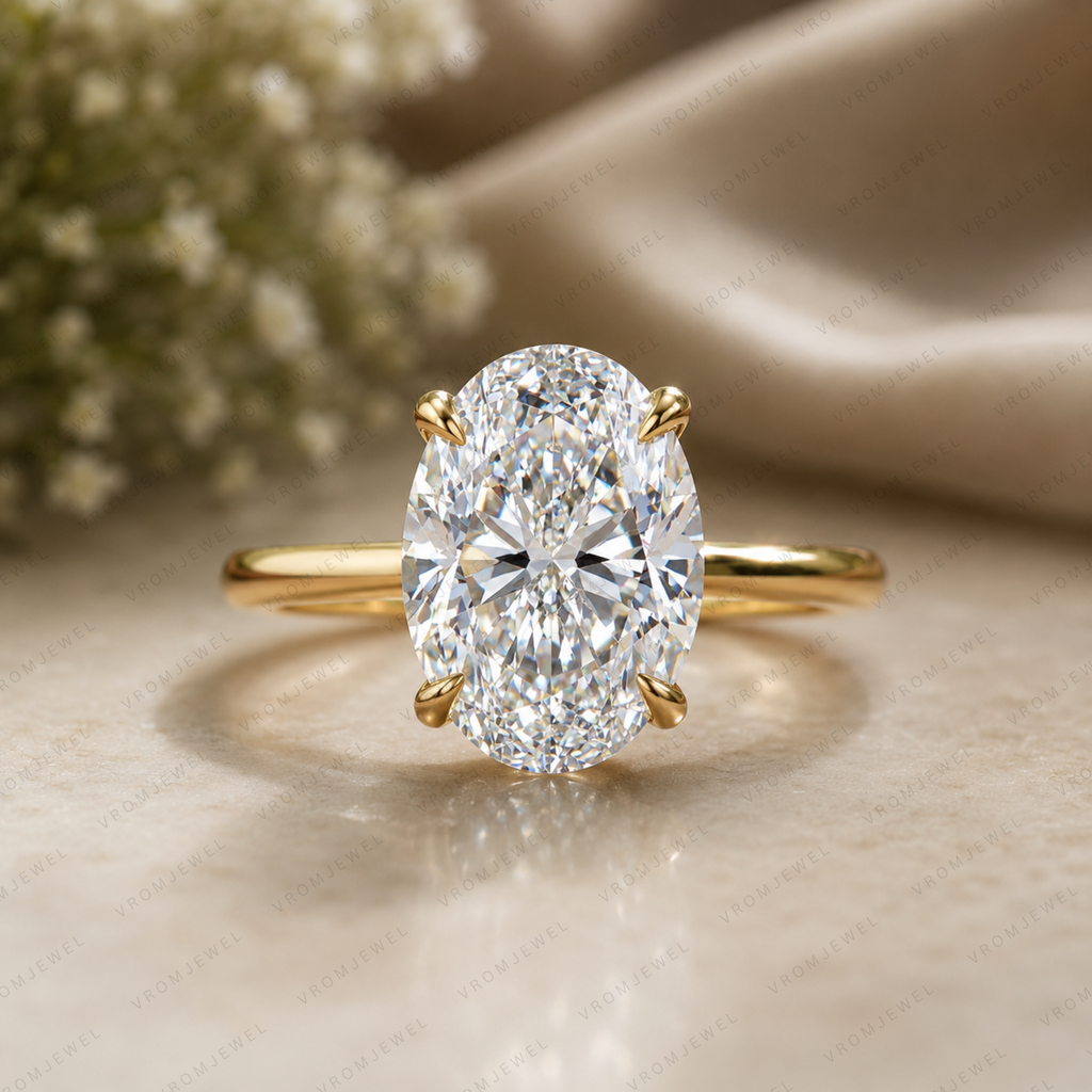 Oval Lab Grown Diamond Solitaire Ring in Handmade Solid 14K Gold