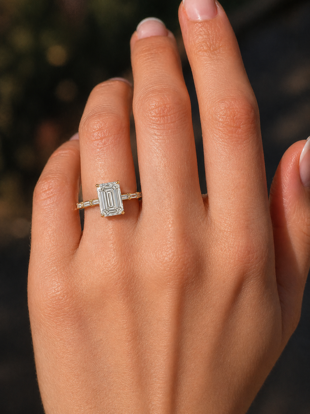Emerald Cut Lab Grown Diamond Ring with Baguette Side Accents | 2 CT IGI Certified | 14K Gold Elegant Ring