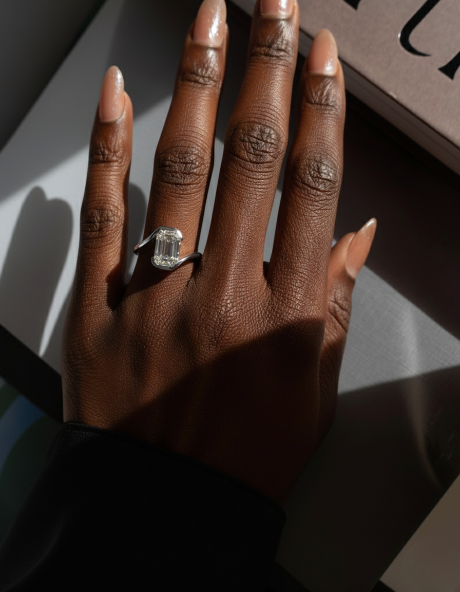 Modern Emerald Cut Bezel Bypass Ring | Lab Grown Diamond | 14K Yellow Gold