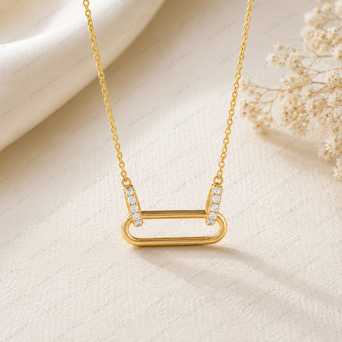 Geometric Link Necklace, Lab Grown Diamond Link Pendant, Paperclip Style Necklace, Solid Gold Necklace, Modern Minimalist Necklace
