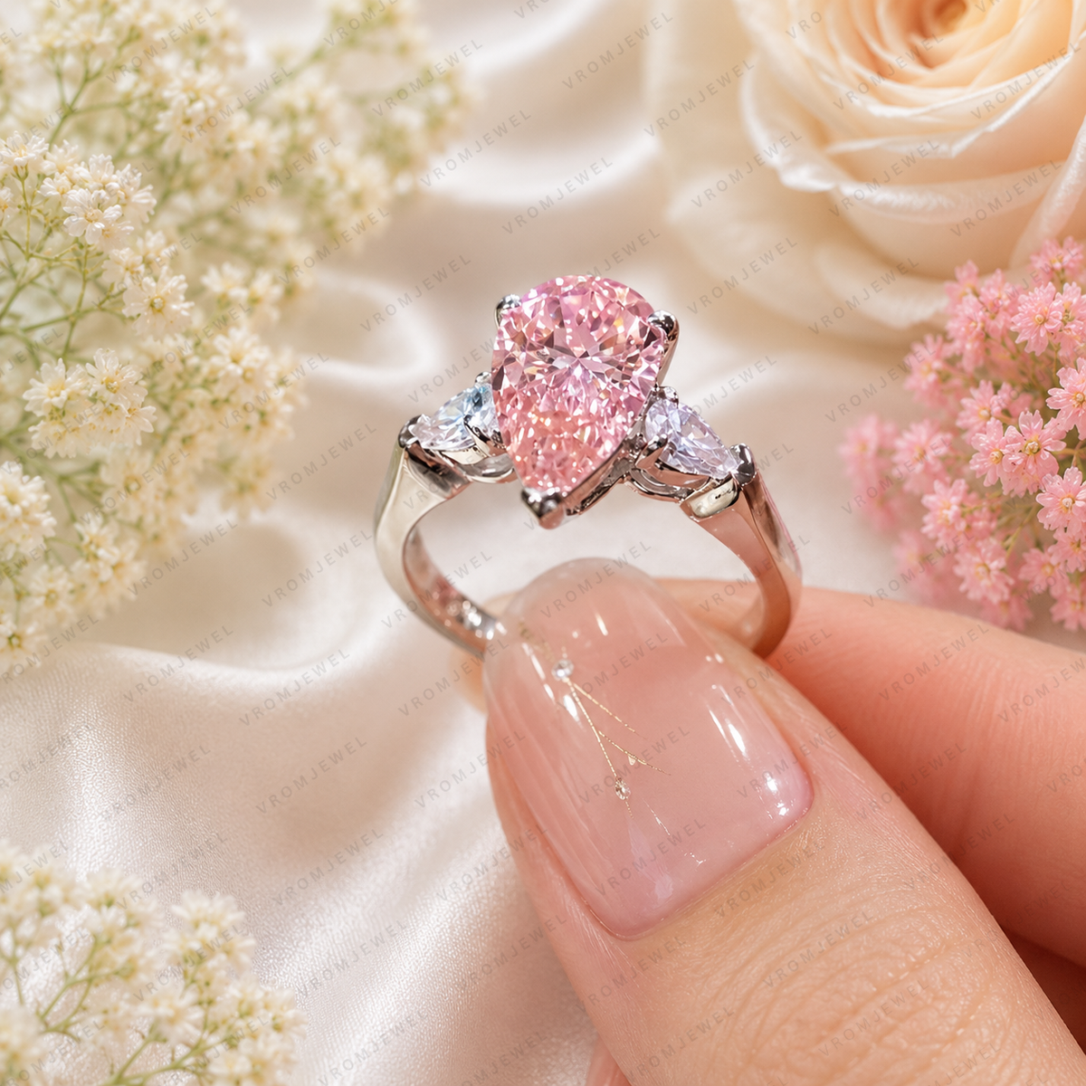 Pink Pear Shape Lab Grown Diamond Engagement Ring, Vintage Inspired Diamond Ring, Side Stone Ring, IGI Certified, 10K 14K 18K Gold