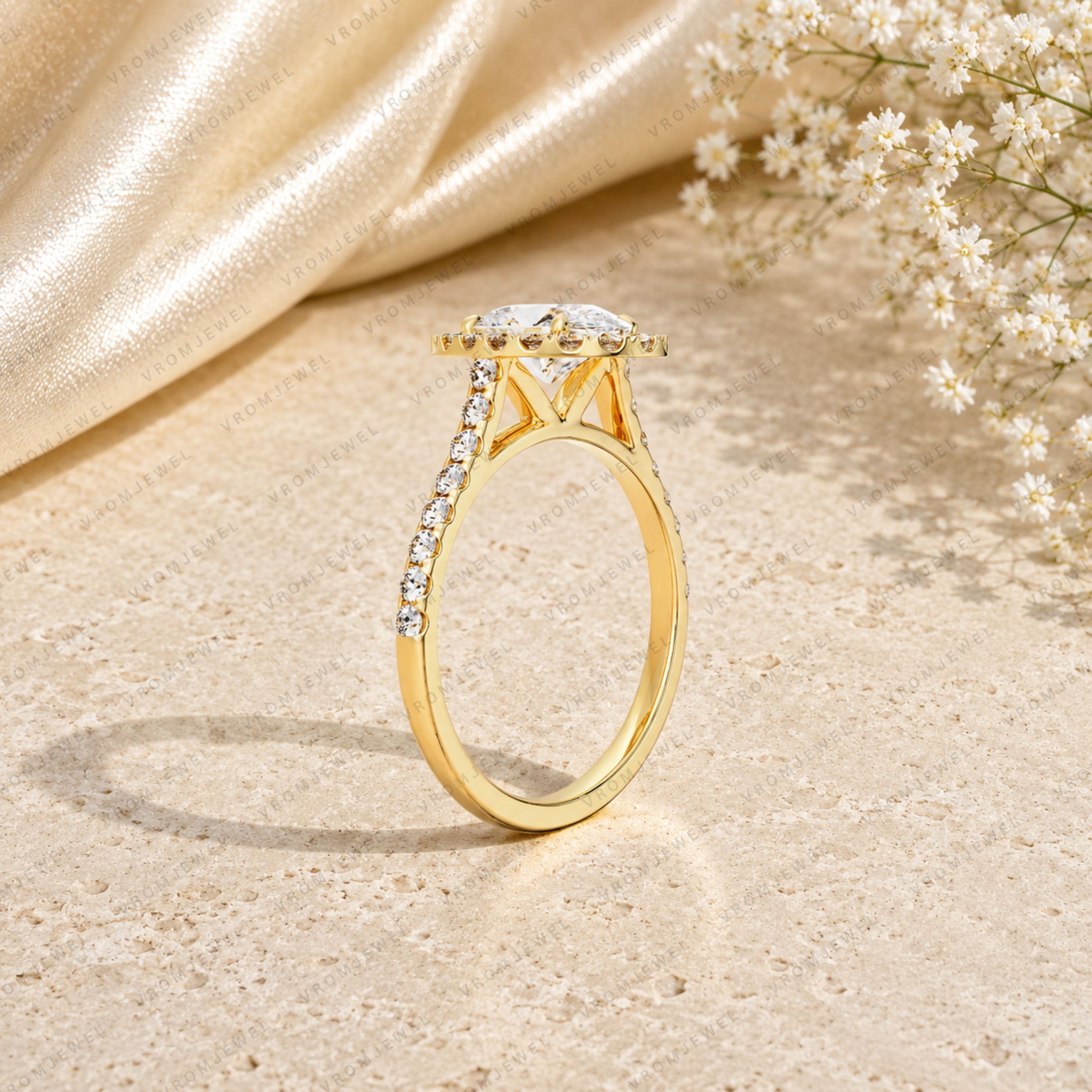Oval Shape Lab Grown Diamond Halo Engagement Ring with Side Stones in Solid 14K Gold