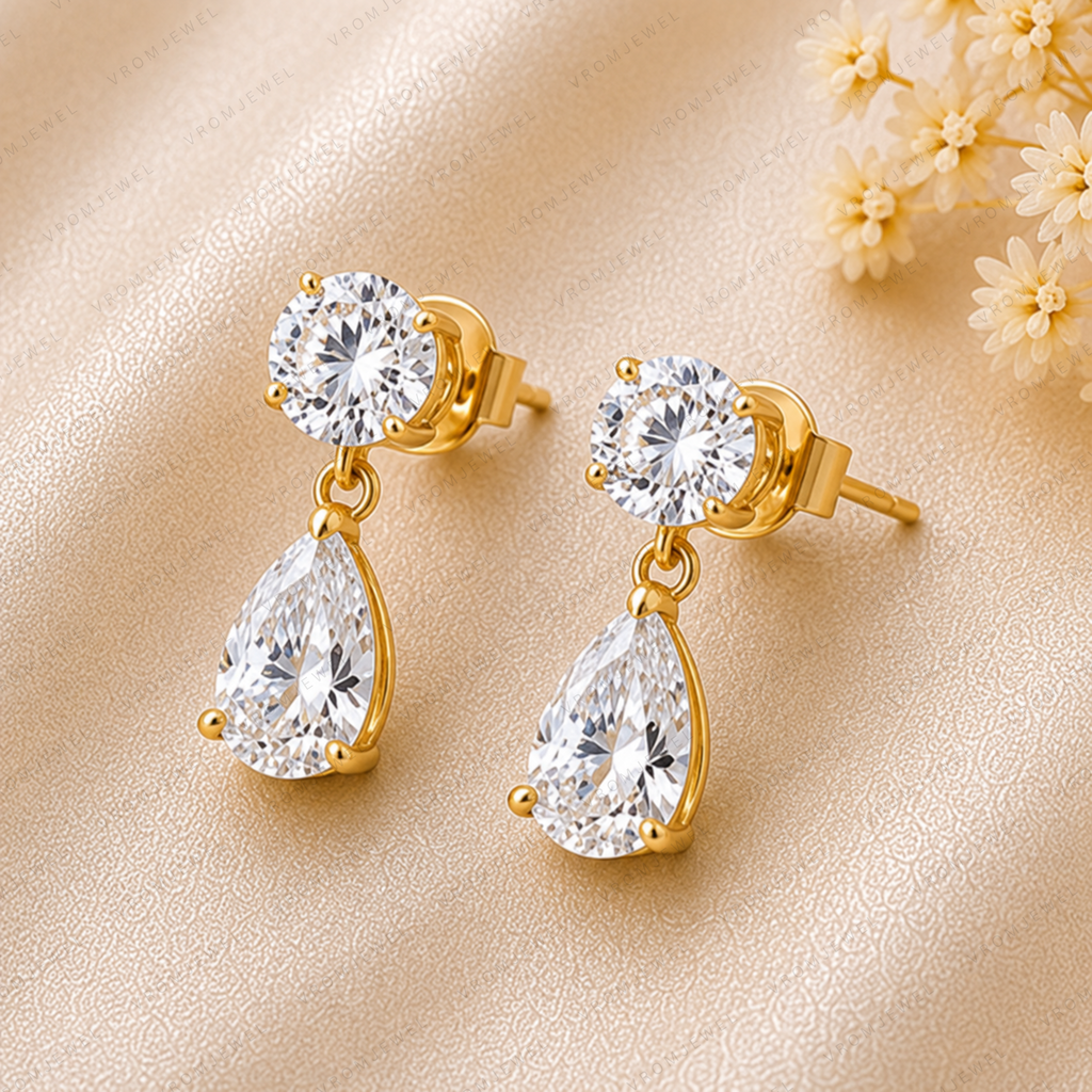Round & Pear Cut Lab Grown Diamond Two Stone Earrings in Solid 14K Gold