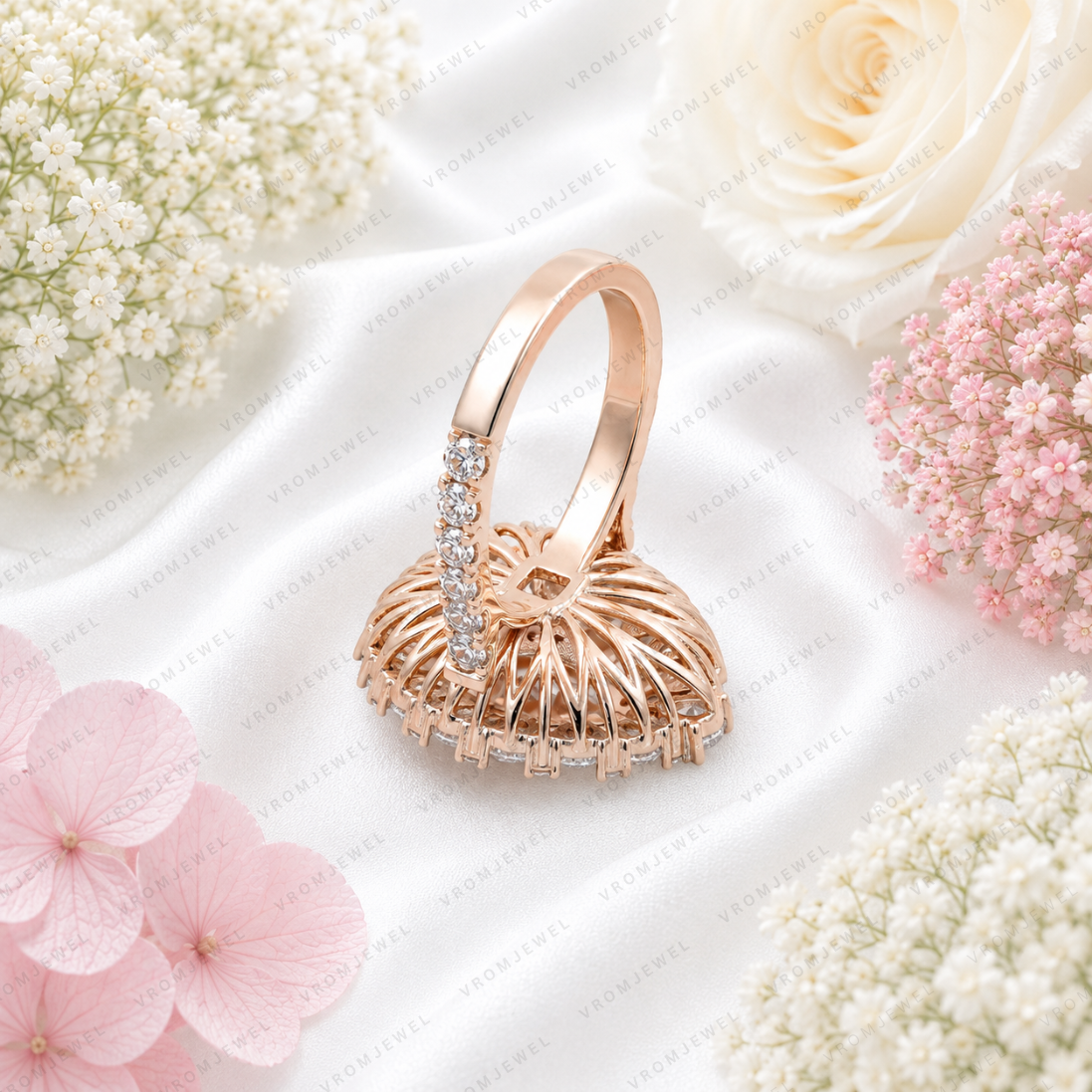 Pink Pear Shape Lab Grown Diamond Engagement Ring, Floral Halo Diamond Ring, Pink Diamond Ring, Pavé Band, 10K 14K 18K Gold