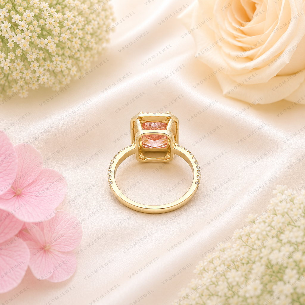 Pink Radiant Cut Lab Grown Diamond Engagement Ring, Halo Diamond Ring, Pink Diamond Ring, Pavé Band, 4 Prong Setting, 10K 14K 18K Gold