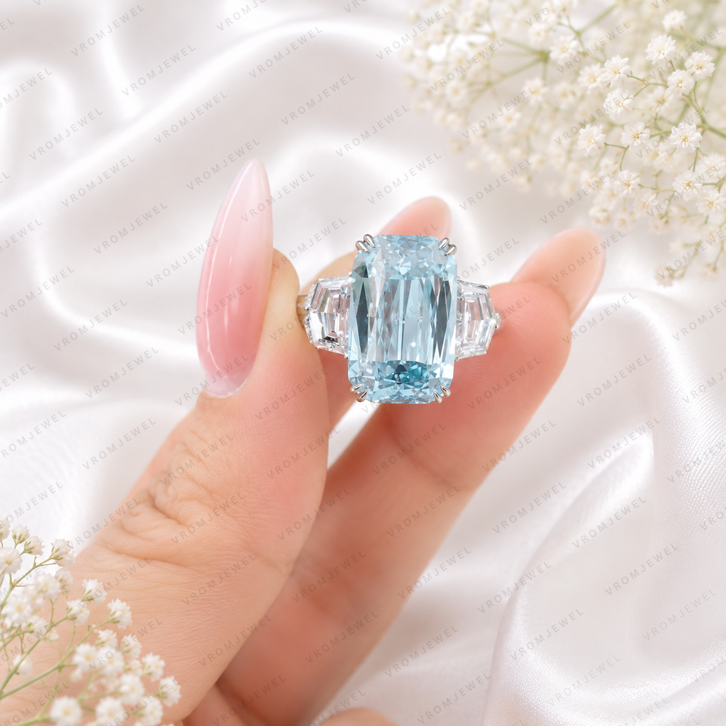 Blue Criss Cut Lab Grown Diamond Engagement Ring, 5 Carat Blue Diamond Ring, Criss Cut Statement Ring, Baguette Side Stones, Pavé Band
