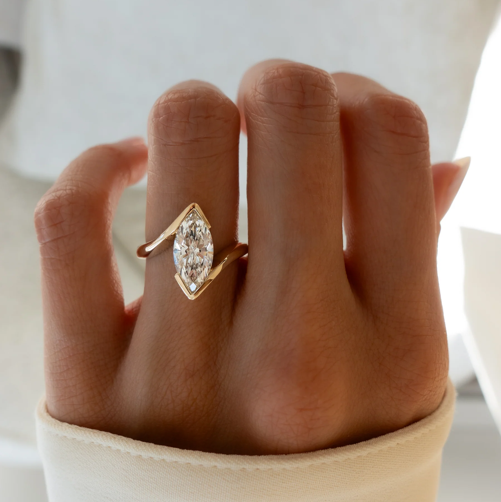 Modern Marquise Cut Bezel Bypass Ring | Lab Grown Diamond | 14K Yellow Gold